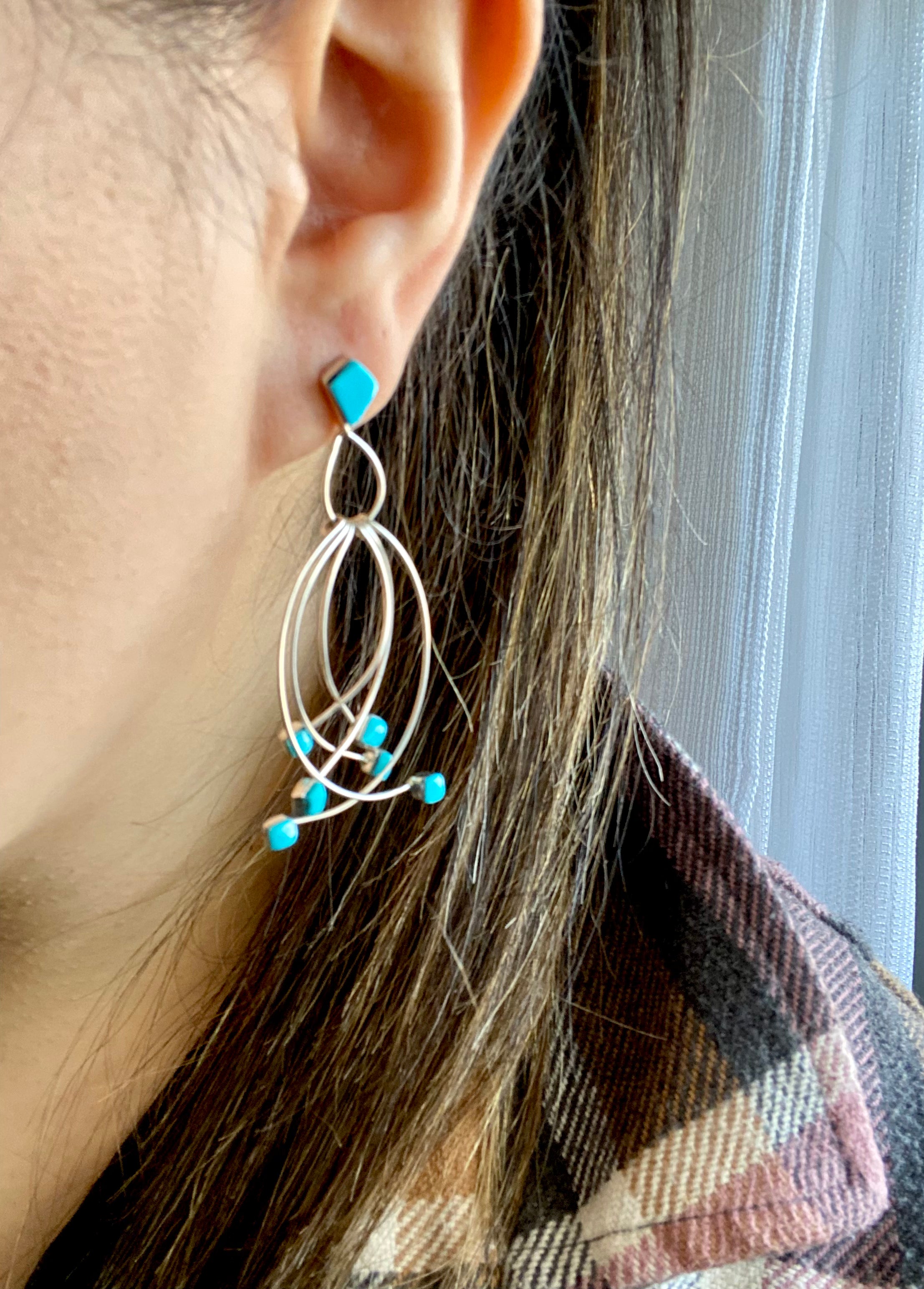 Zuni Made Kingman Turquoise & Sterling Silver Post Dangle Earrings