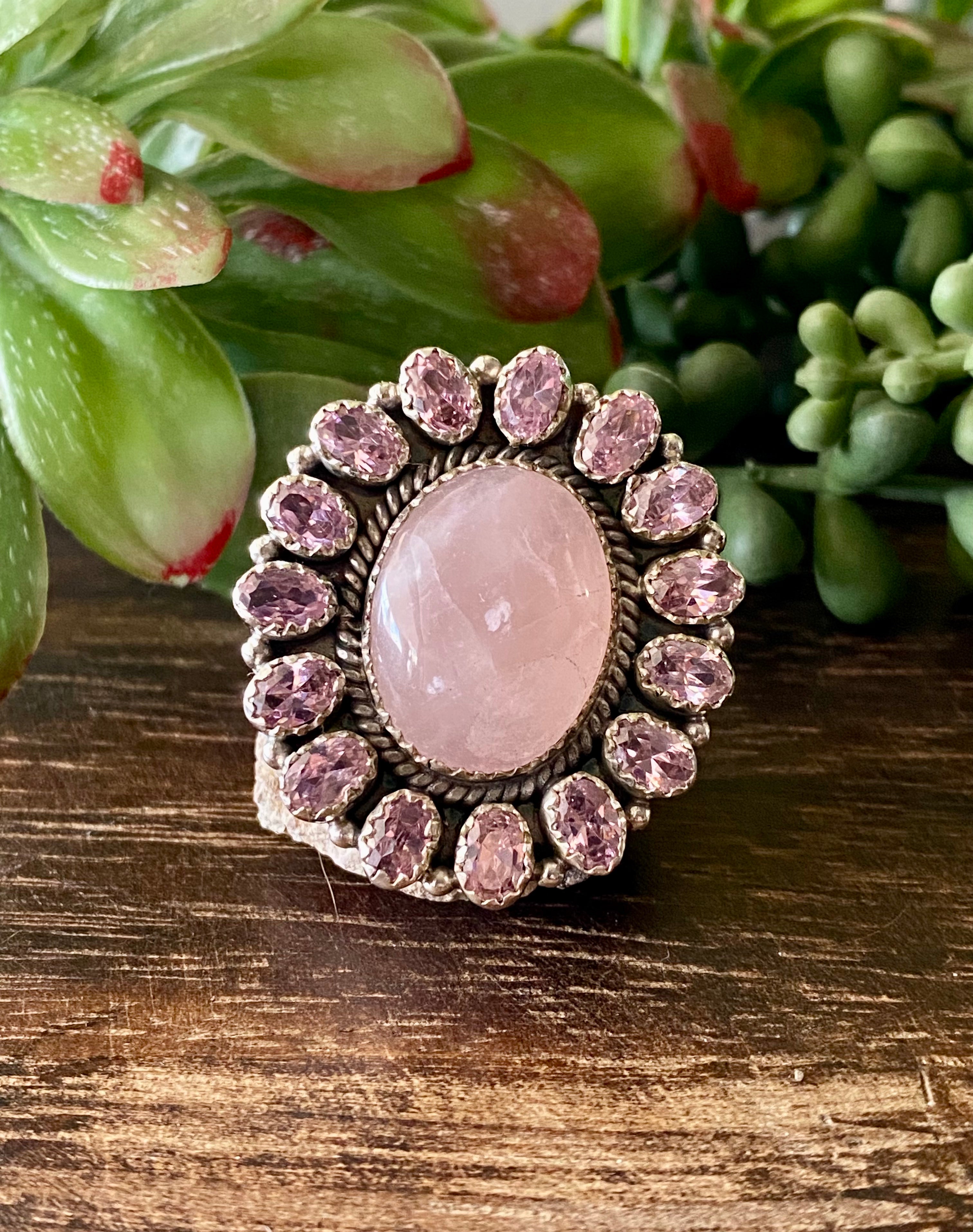 Southwest Handmade Rose Quartz & Tourmaline Sterling Silver Cluster Adjustable Ring Size 8