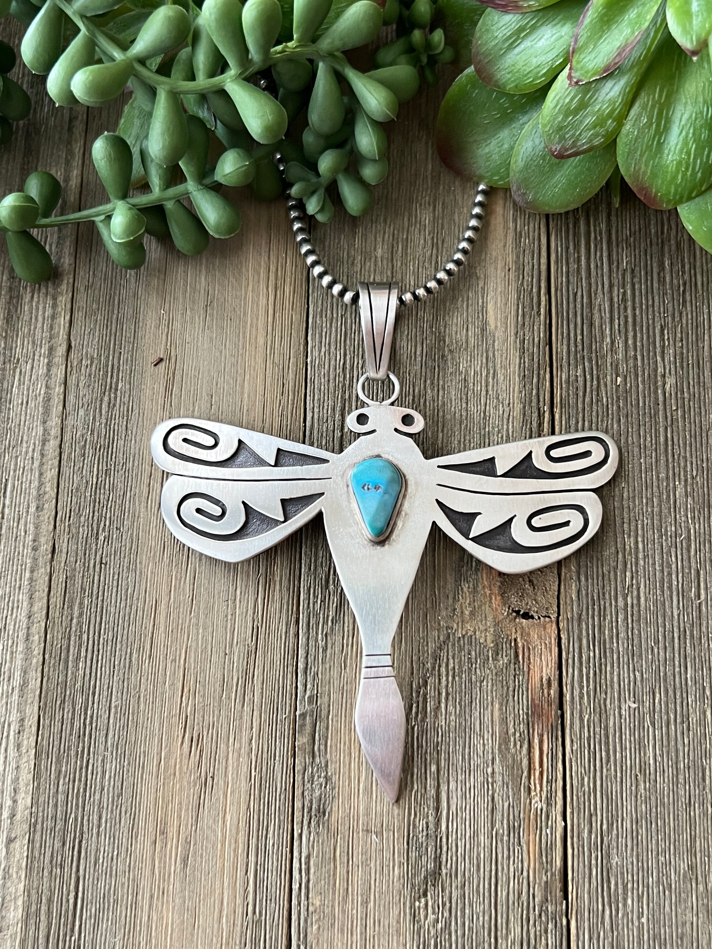 Navajo Made Kingman Turquoise & Sterling Silver Dragonfly Pendant