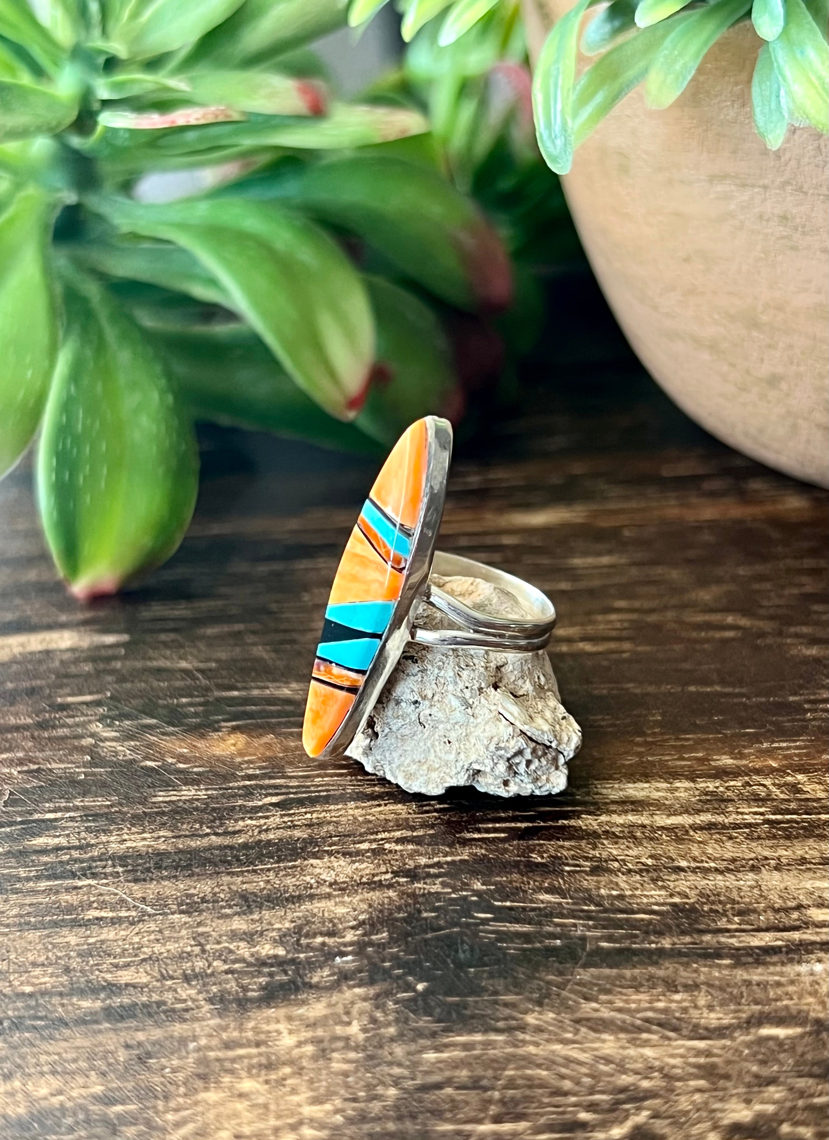 Navajo Made Multi Stone & Sterling Silver Inlay Ring Size 5.5