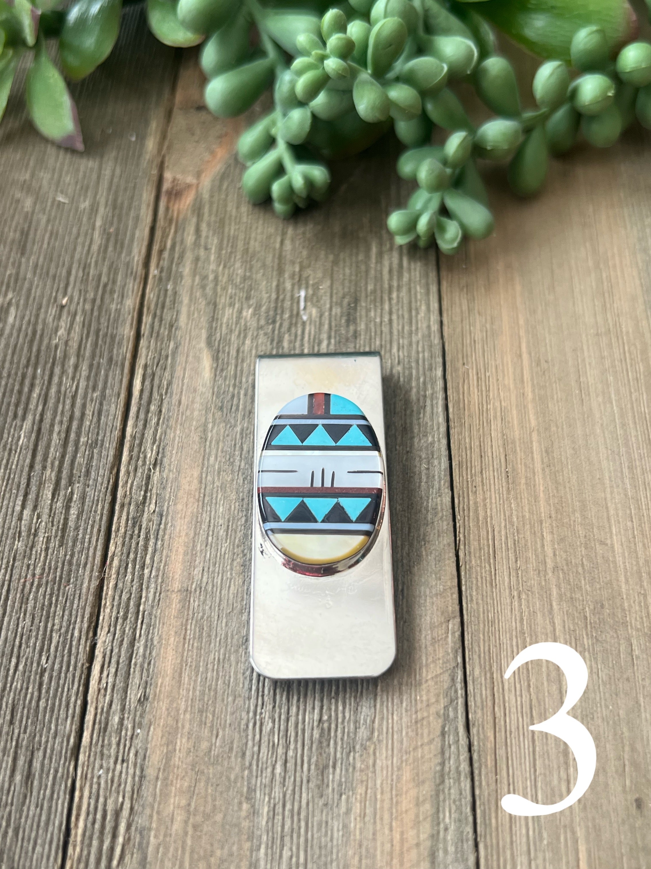 Zuni Made Multi Stone & Sterling Silver Inlay Money Clip