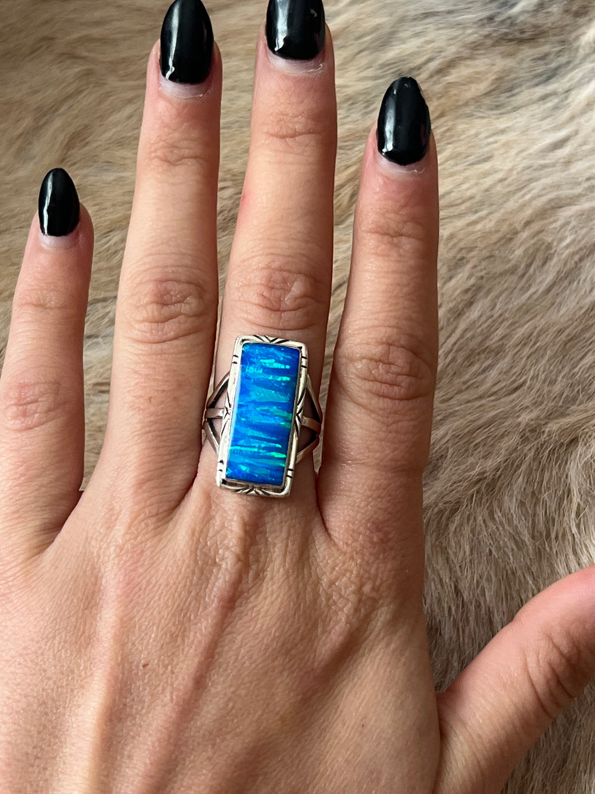 Navajo Made Blue Opal (Man Made) & Sterling Silver Ring Size 6.5