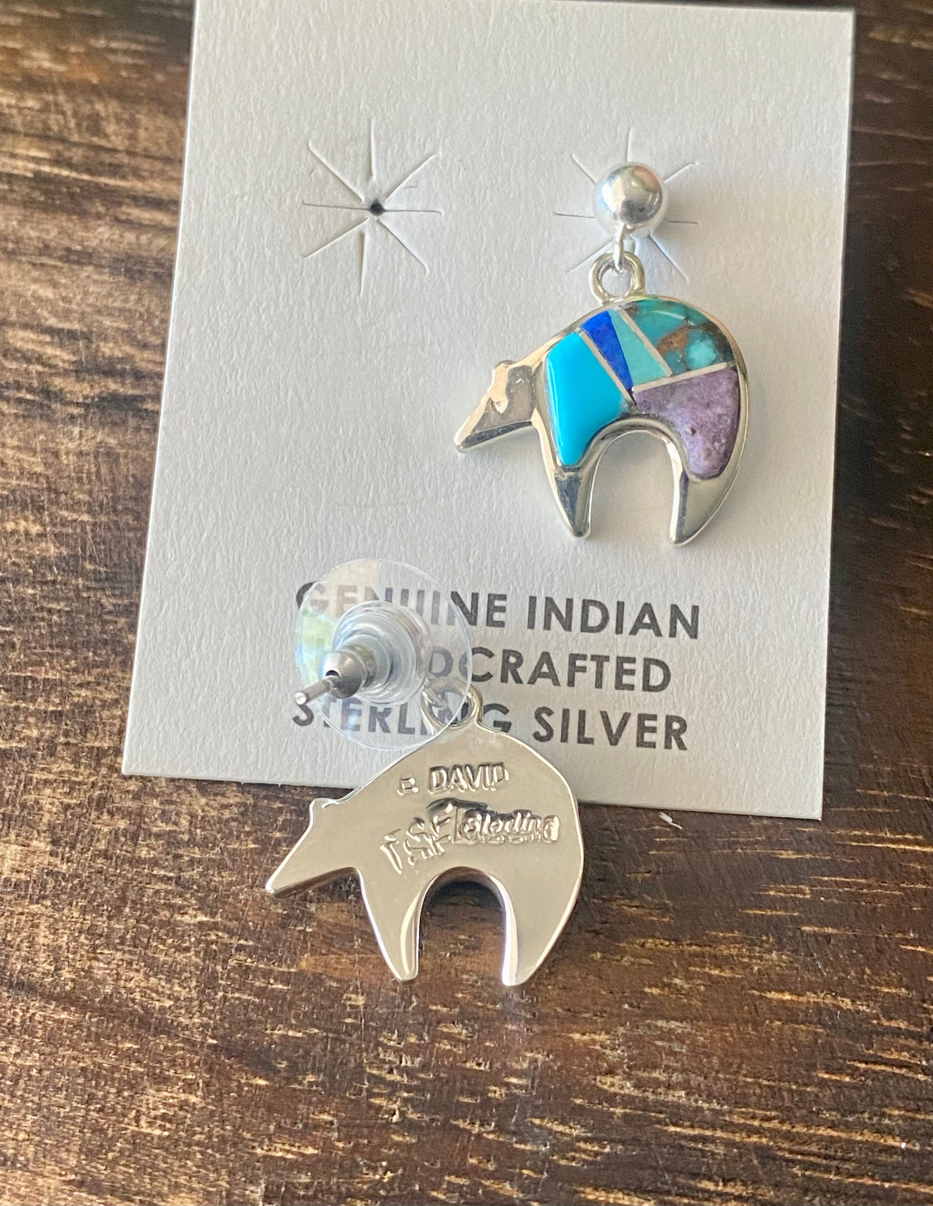 Navajo Made Multi Stone & Sterling Silver Inlay Post Bear Dangle Earrings