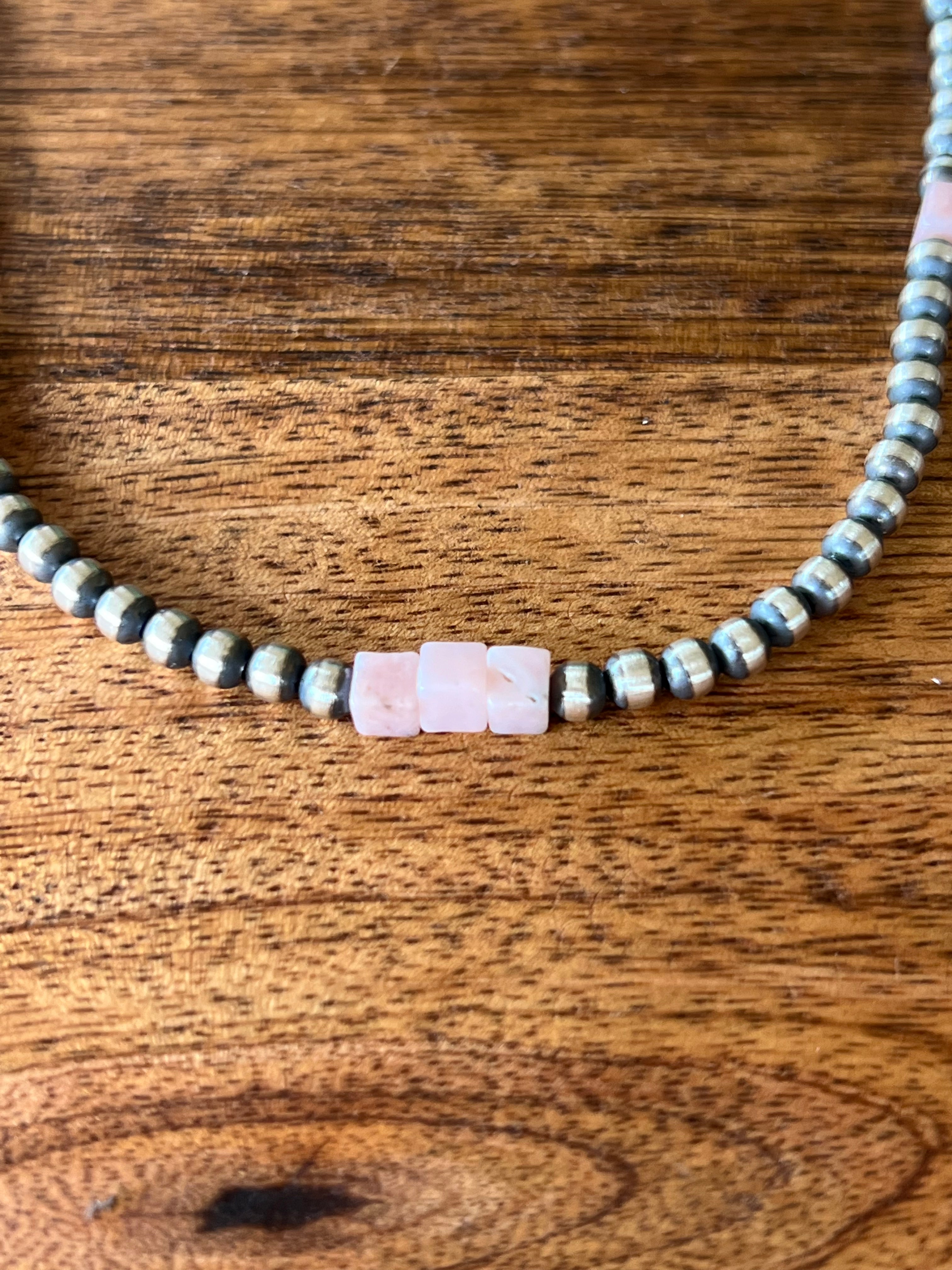 Navajo Made Pink Coral & Sterling Silver 4 MM 22 Inch Pearl Necklace