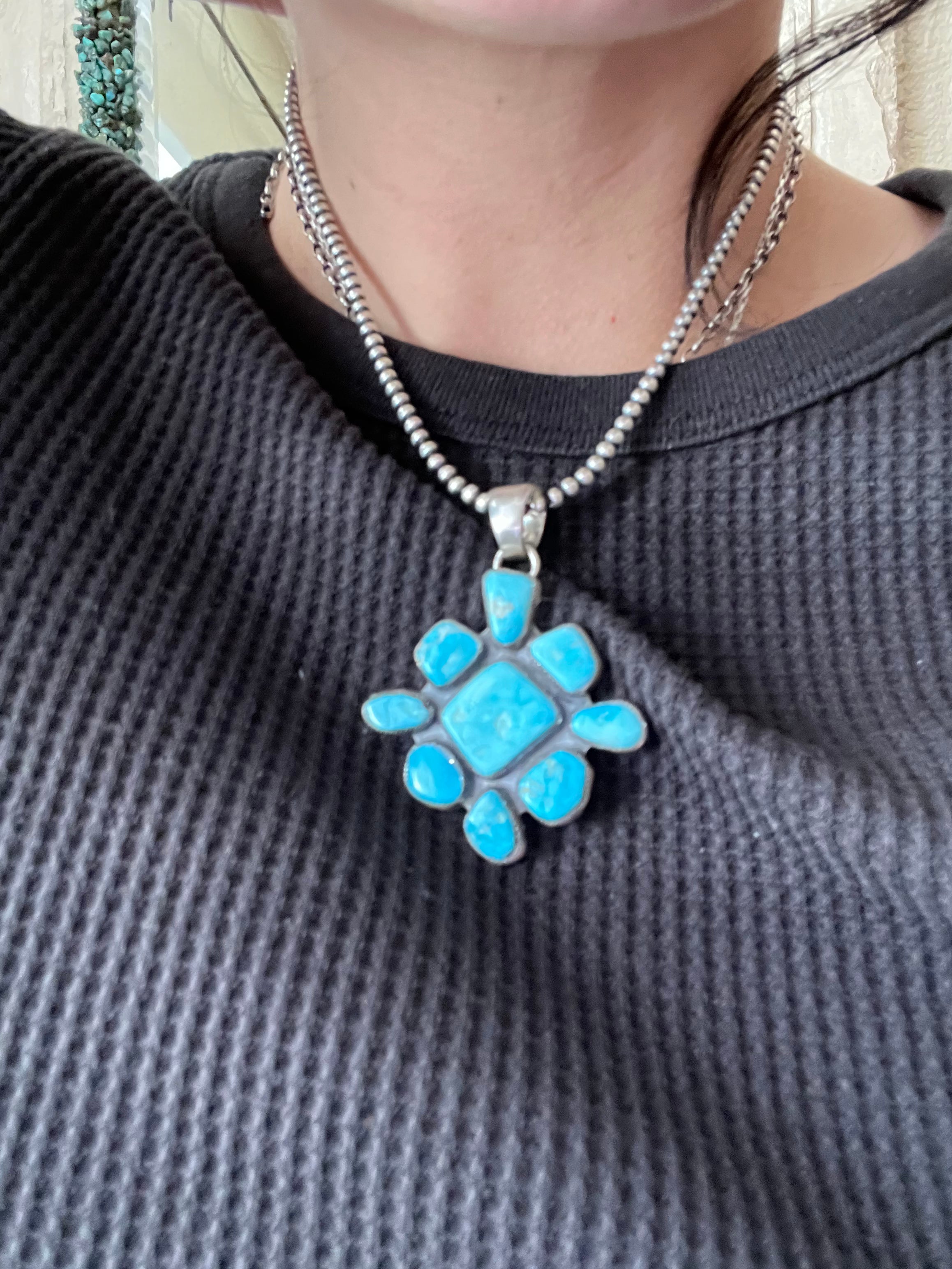 Navajo Made Kingman Turquoise & Sterling Silver Cluster Pendant