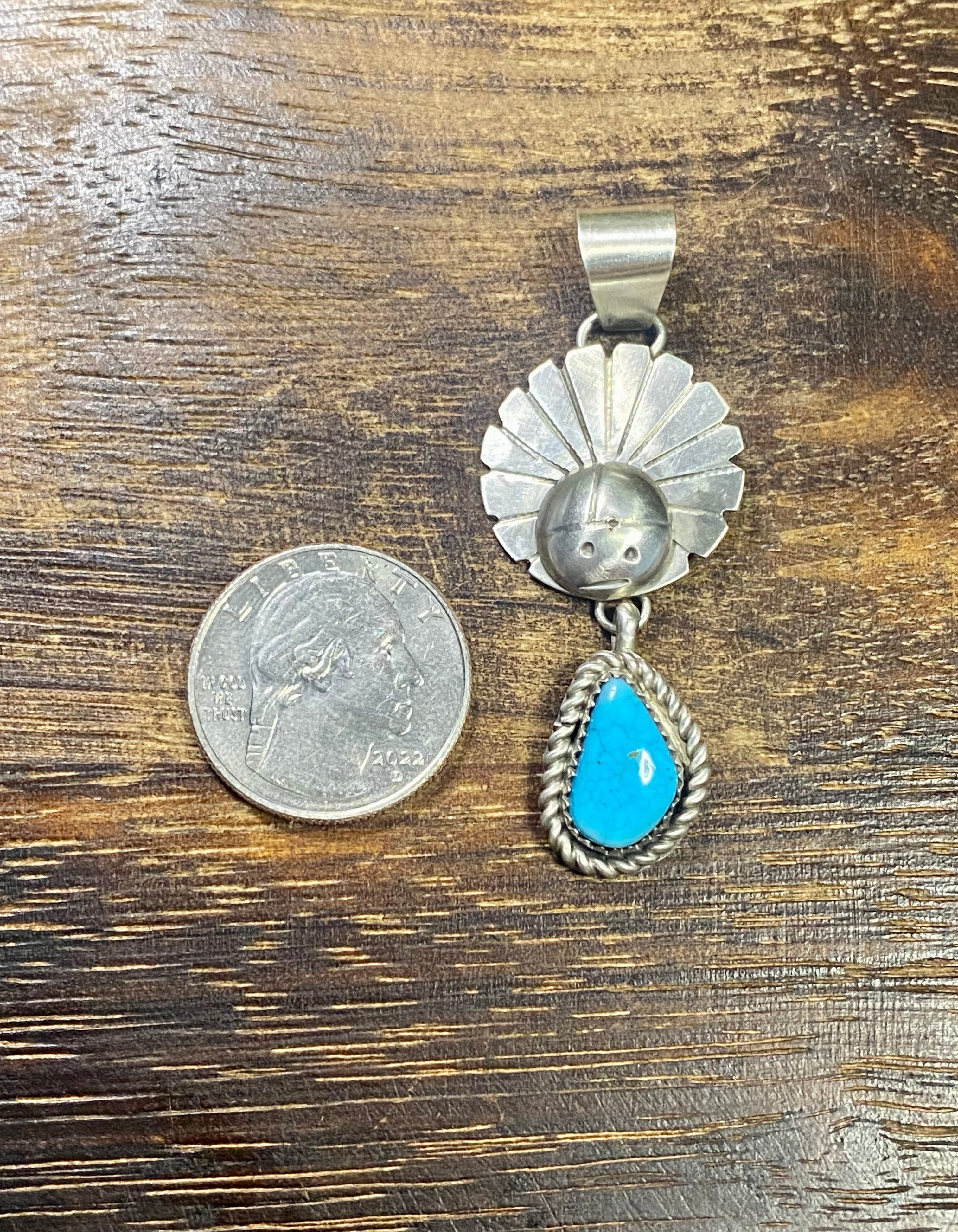 Navajo Made Kingman Turquoise & Sterling Silver Sunface Pendant