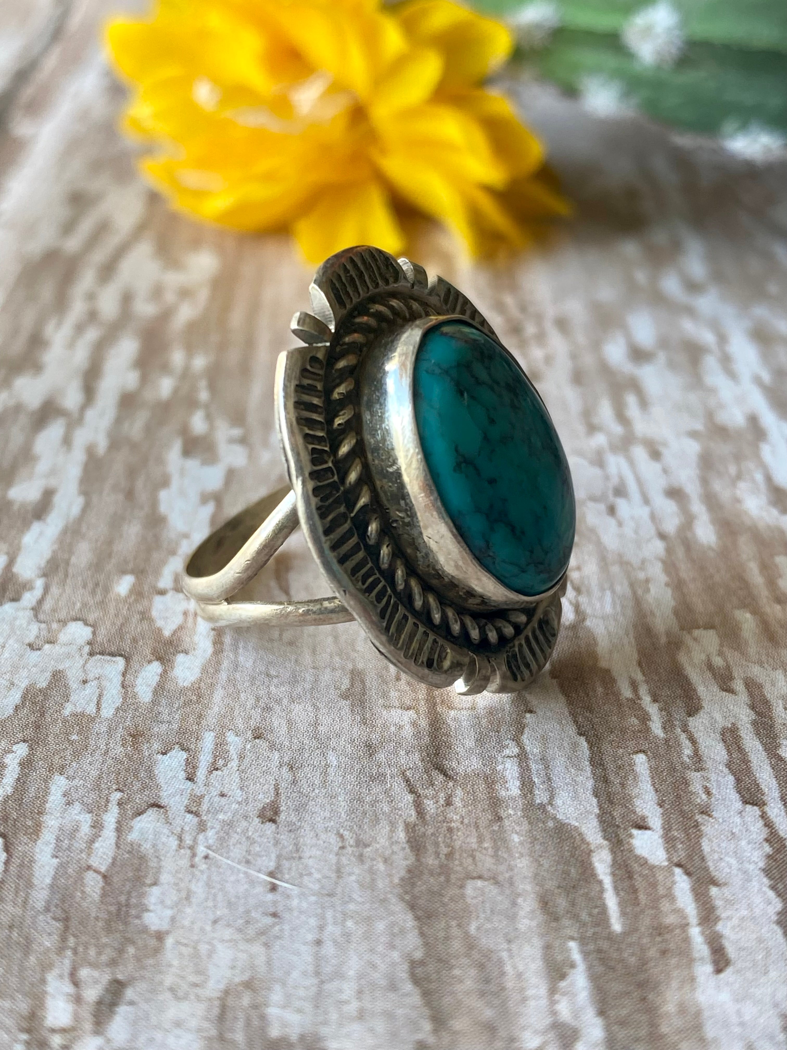 Navajo Made Kingman Turquoise & Sterling Silver Ring Size 6.5