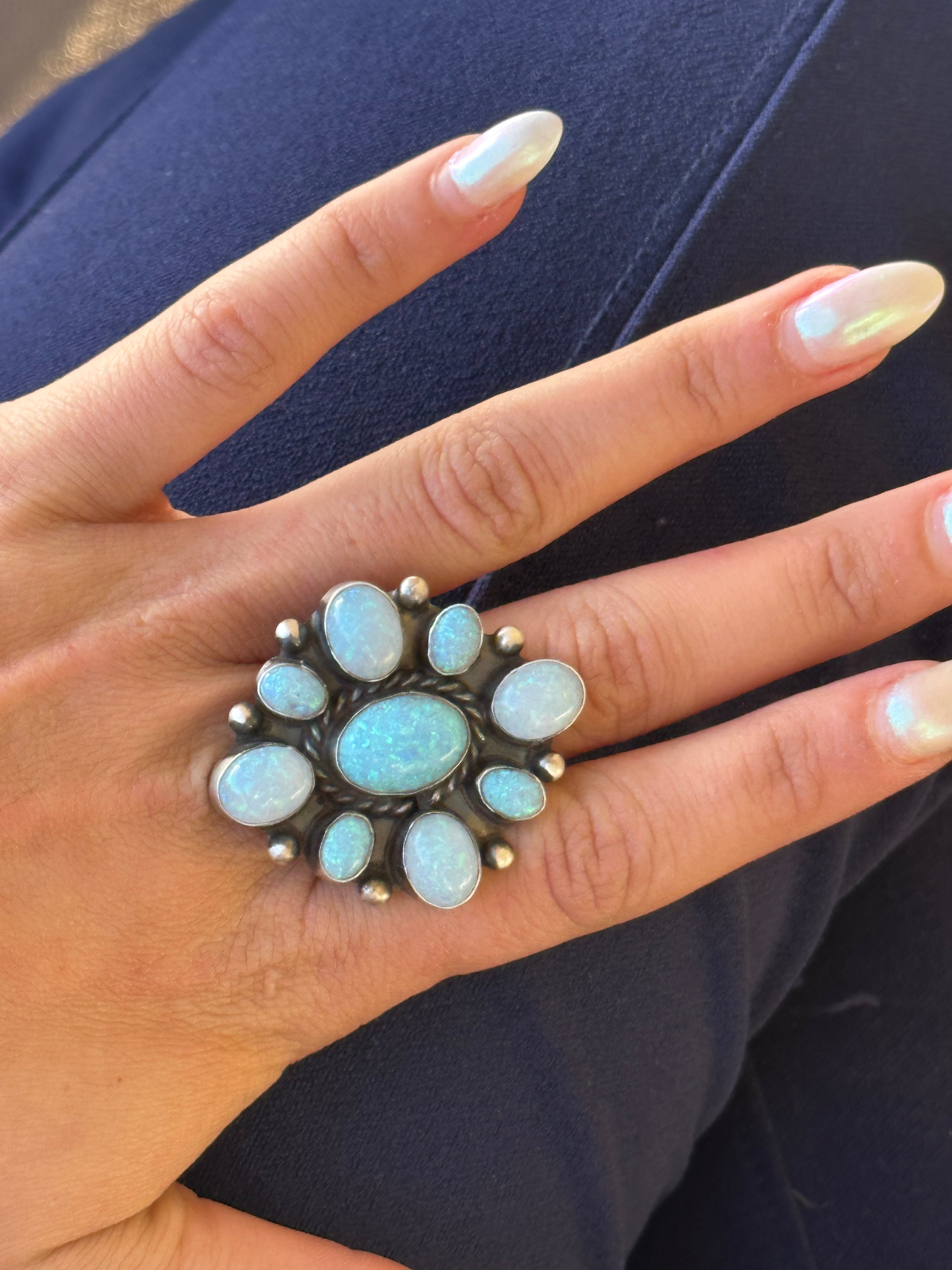 Navajo Made Opal (Man-made) & Sterling Silver Cluster Ring Size 10.5