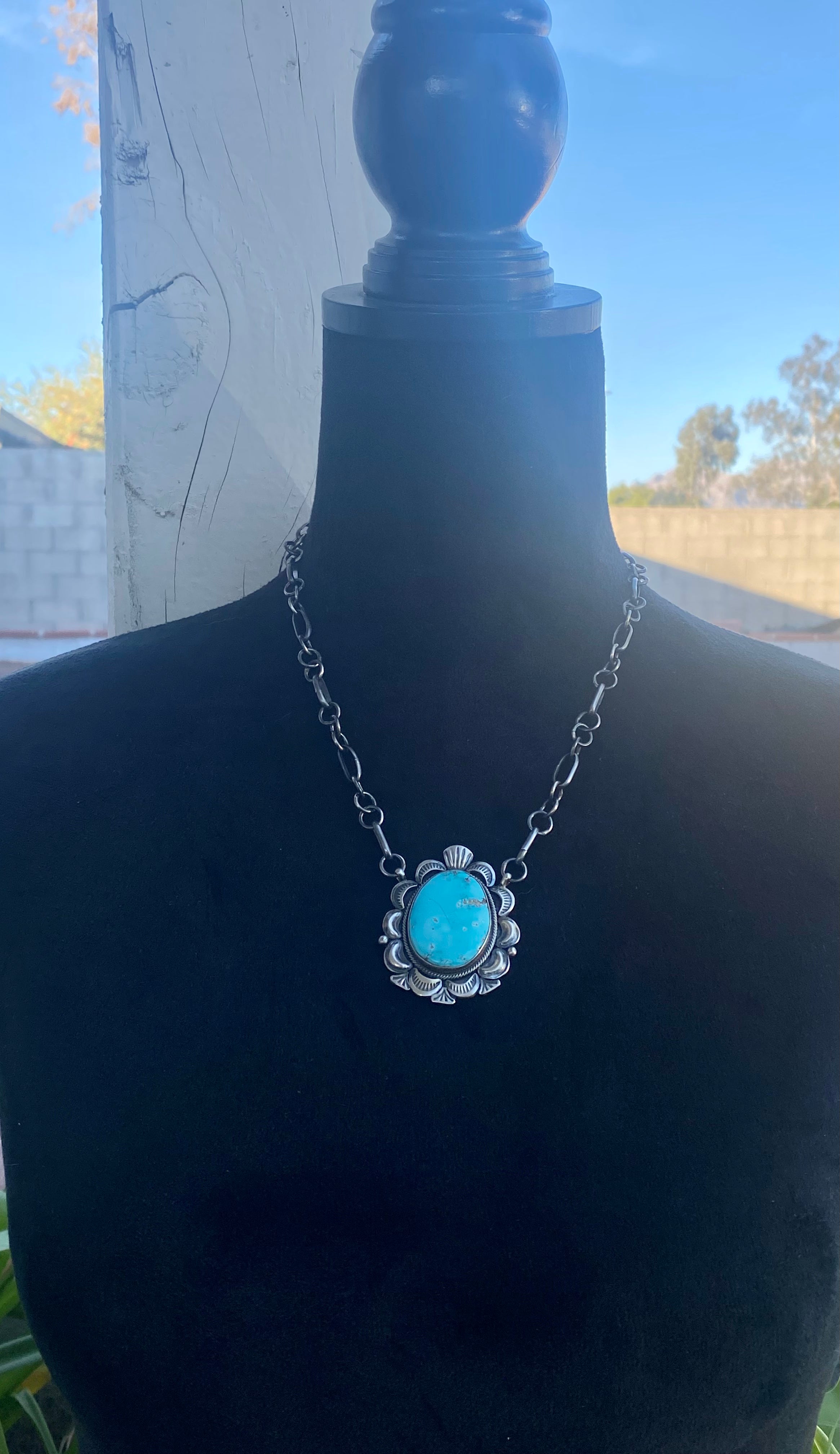 Navajo Made High Grade Blue Gem Turquoise & Sterling Silver Necklace