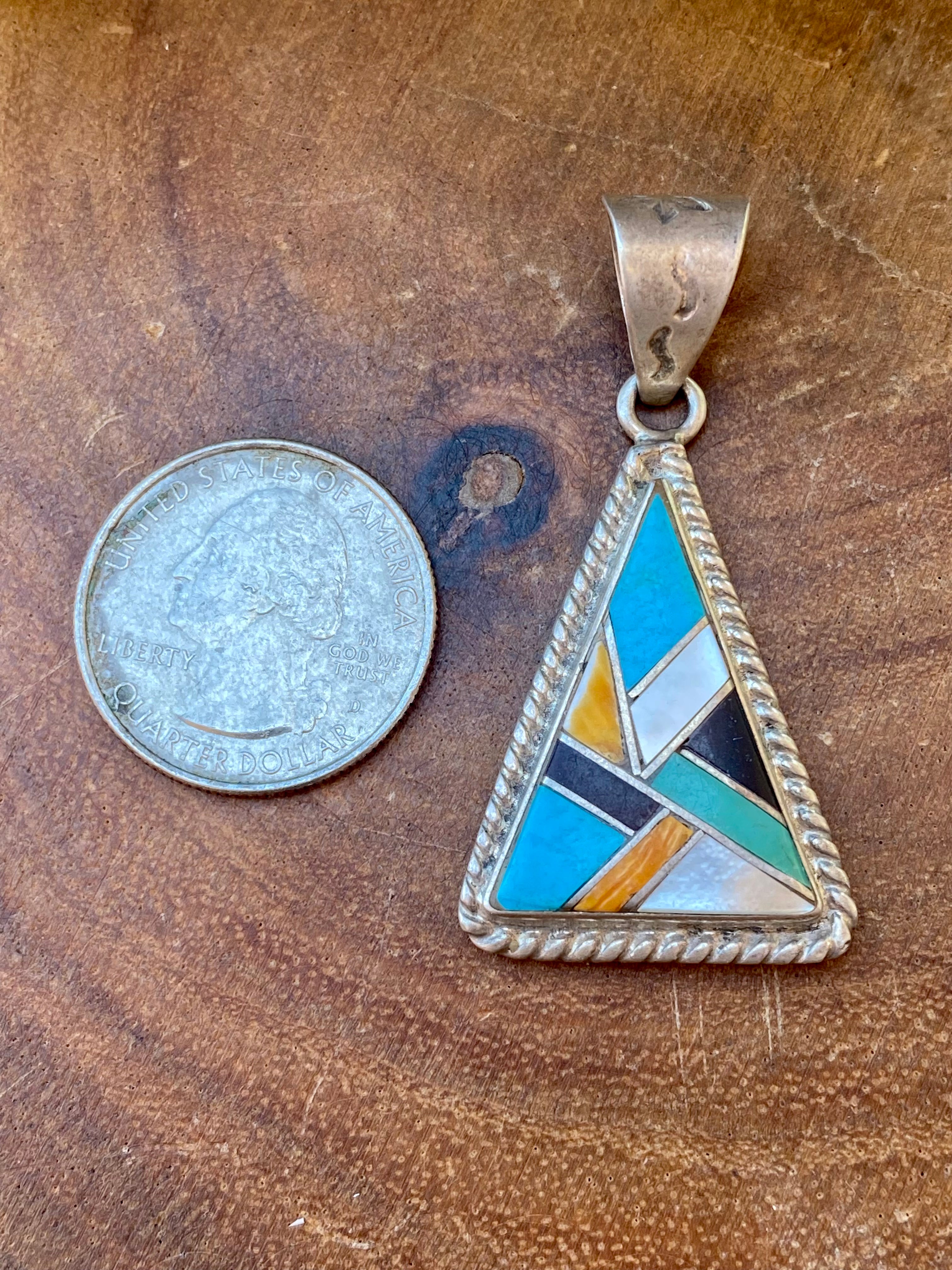 Vintage Navajo Made Multi Stone & Sterling Silver Inlay Pendant