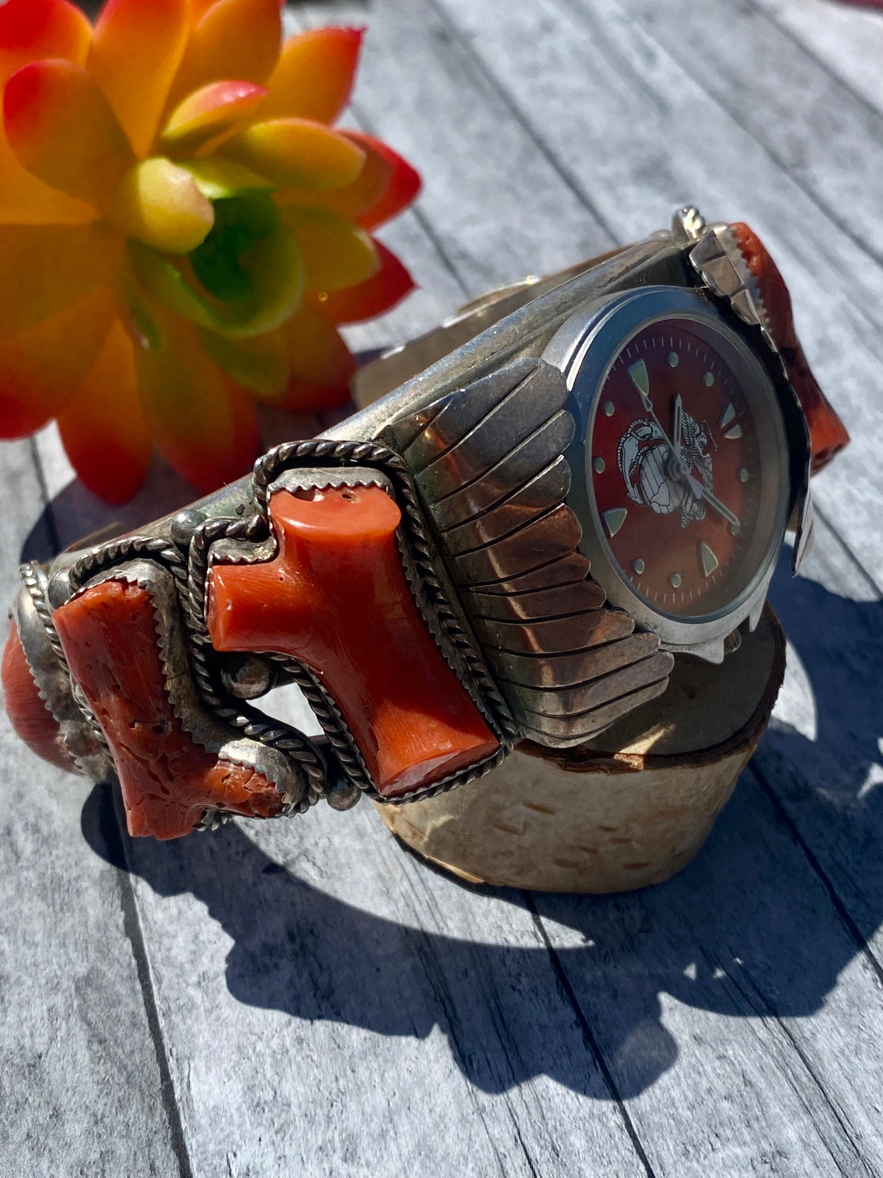 Vintage Southwest Made Natural Red Coral & Sterling Silver Cuff Watch Bracelet