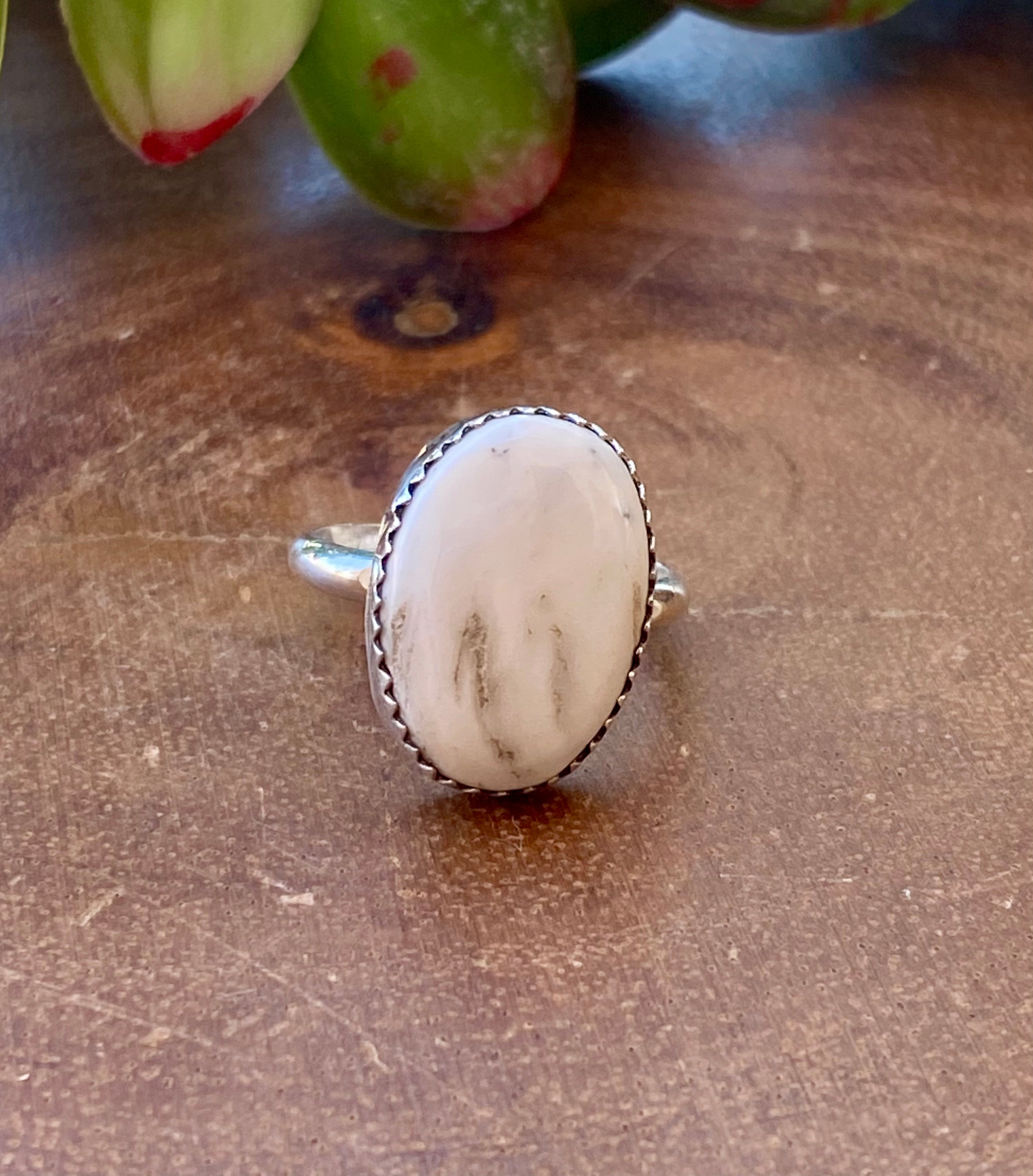 Navajo Made White Buffalo & Sterling Silver Ring Size 7.5