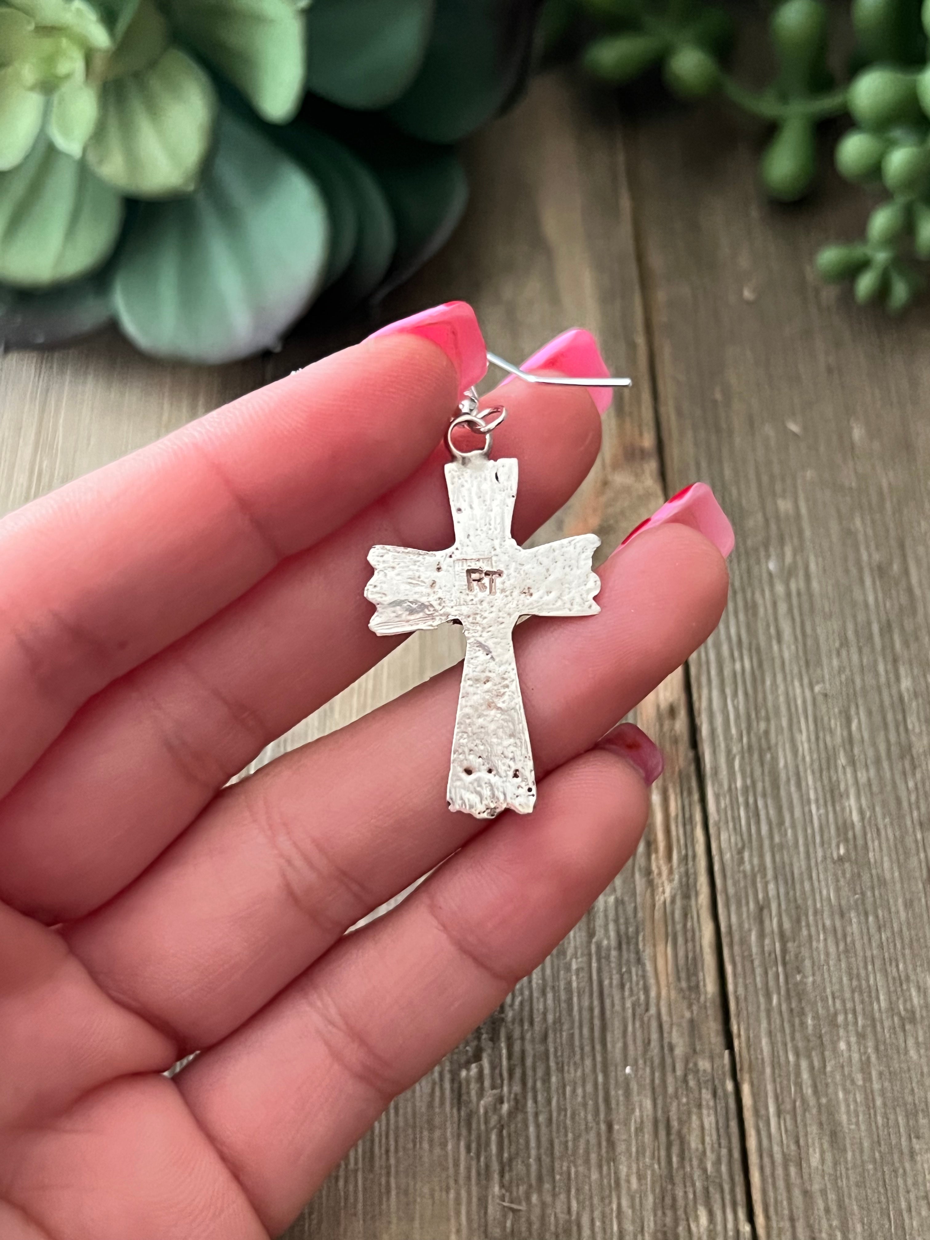 Navajo Made Sterling Silver Dangle Cross Earrings