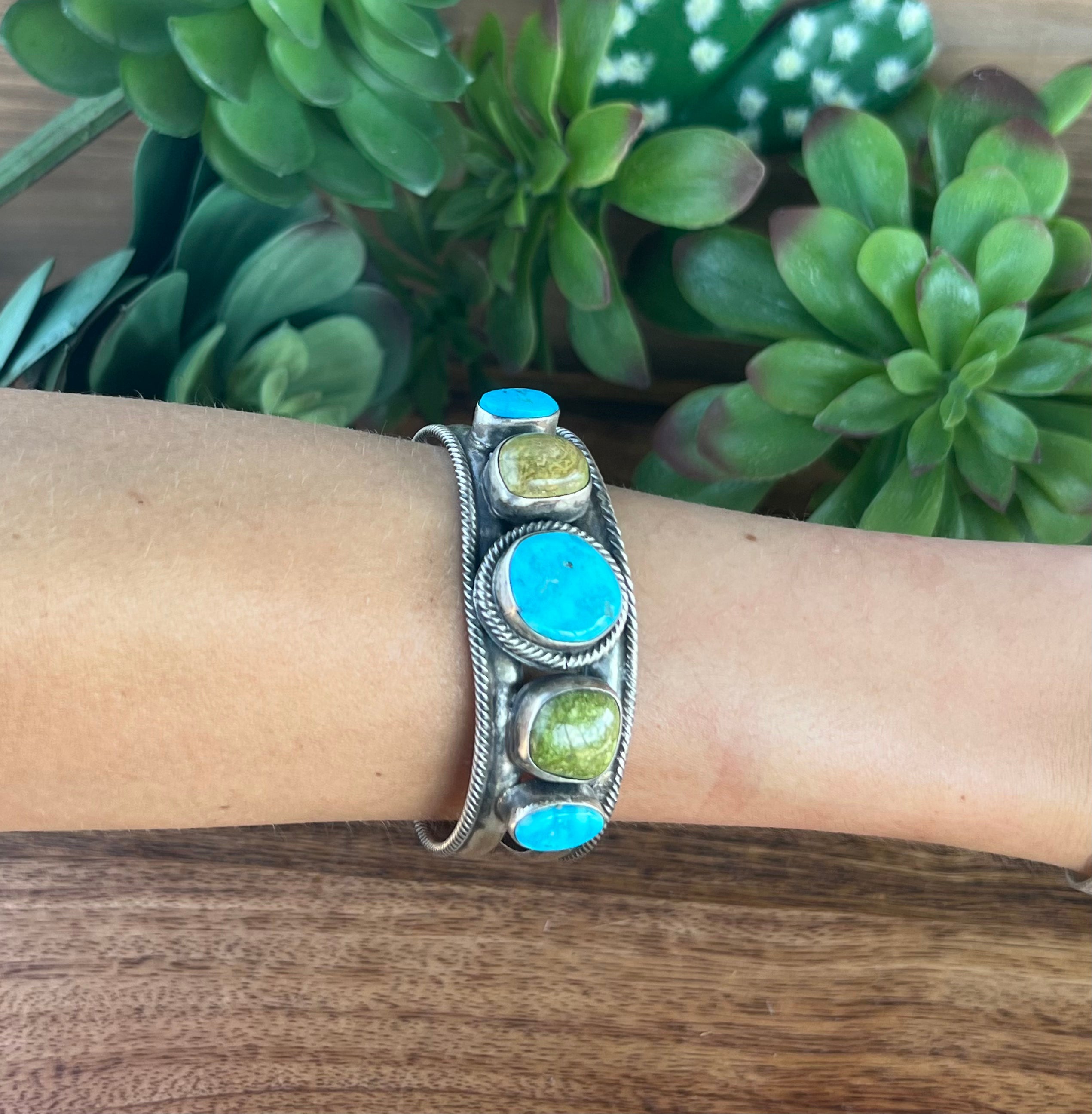 Navajo Golden Hill & Sonoran Gold Turquoise Sterling Silver Cuff Bracelet