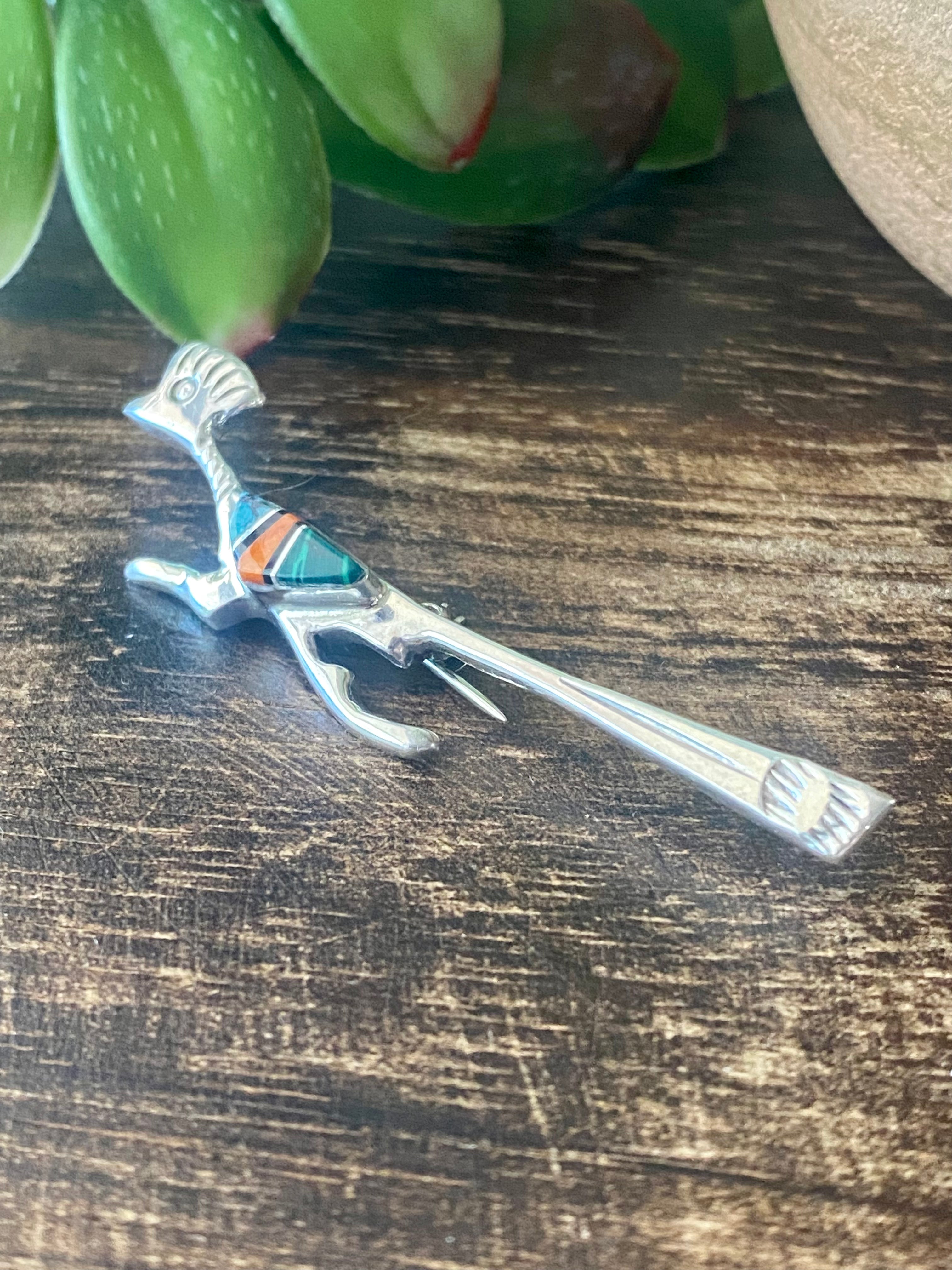 Navajo Made Multi Stone & Sterling Silver Inlay Roadrunner Pin