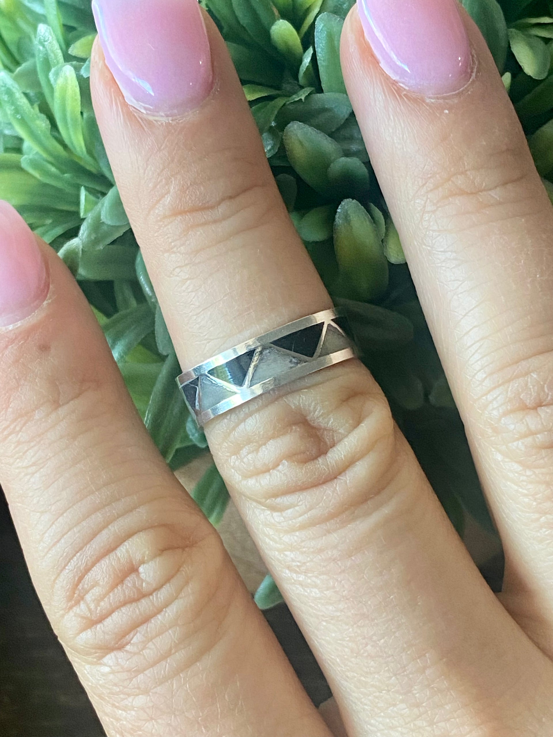 Navajo Made Multi Stone & Sterling Silver Inlay Ring Size 12.5