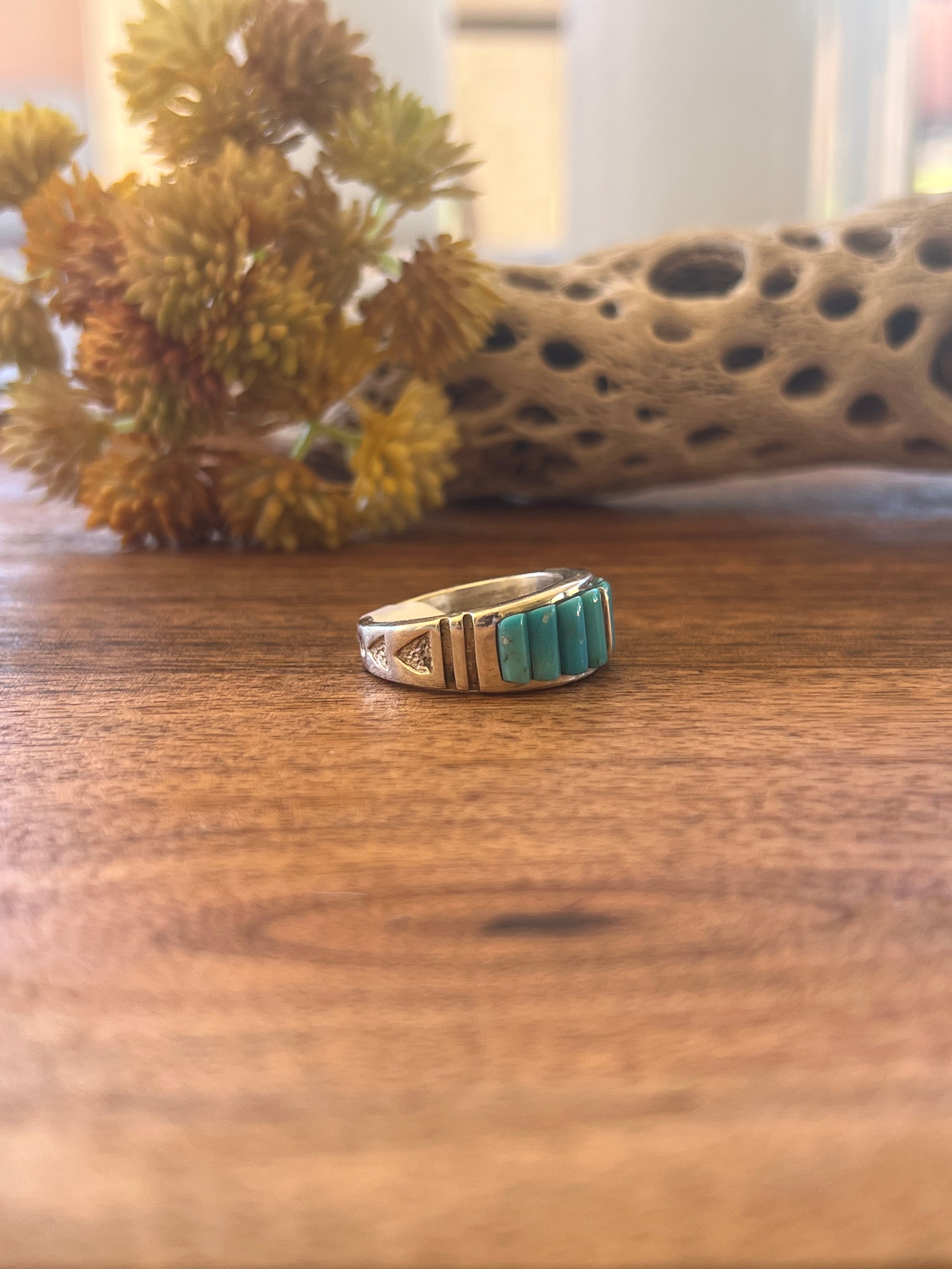 Allen Lee Kingman Turquoise & Sterling Silver Inlay Ring Size 9.5