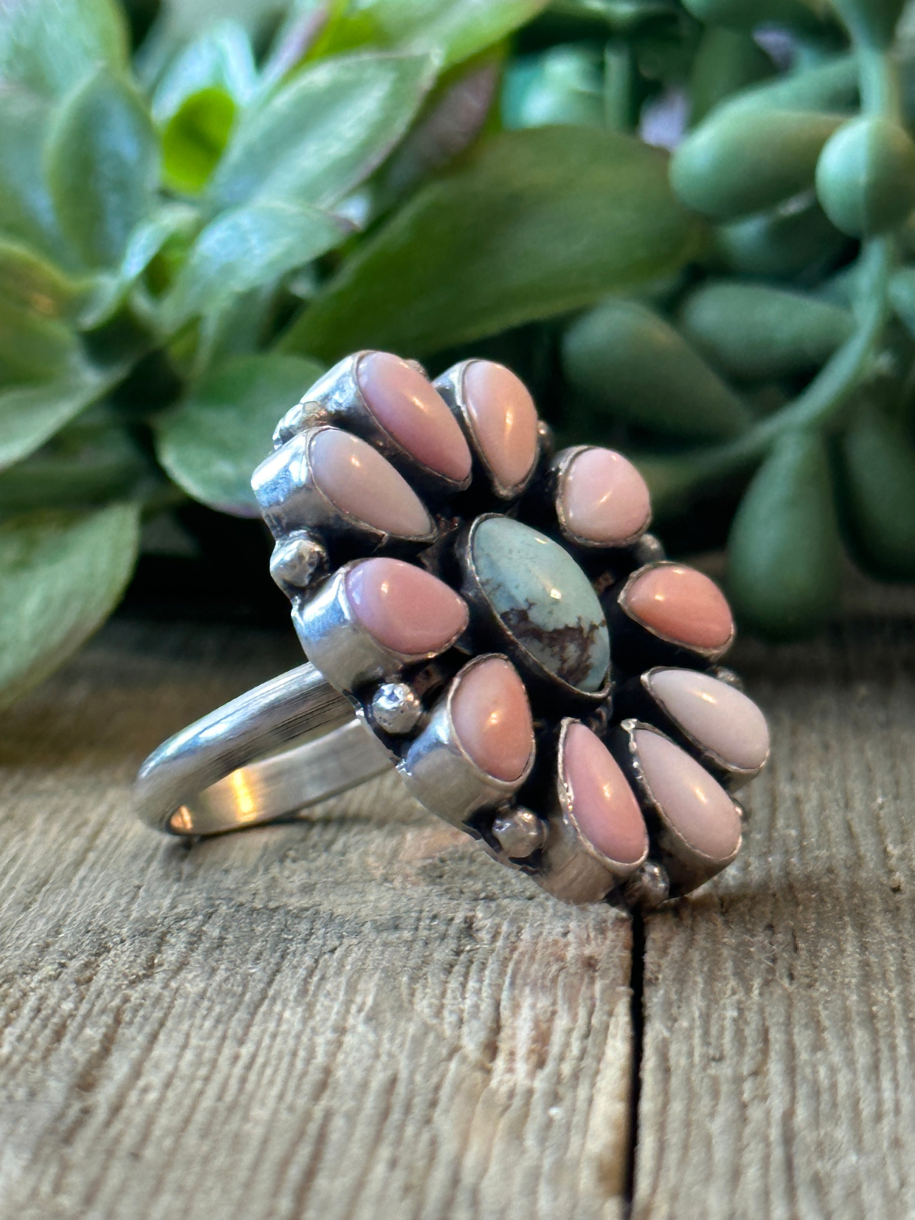 Navajo Made Golden Hill & Pink Conch & Sterling Silver Adjustable Cluster Ring