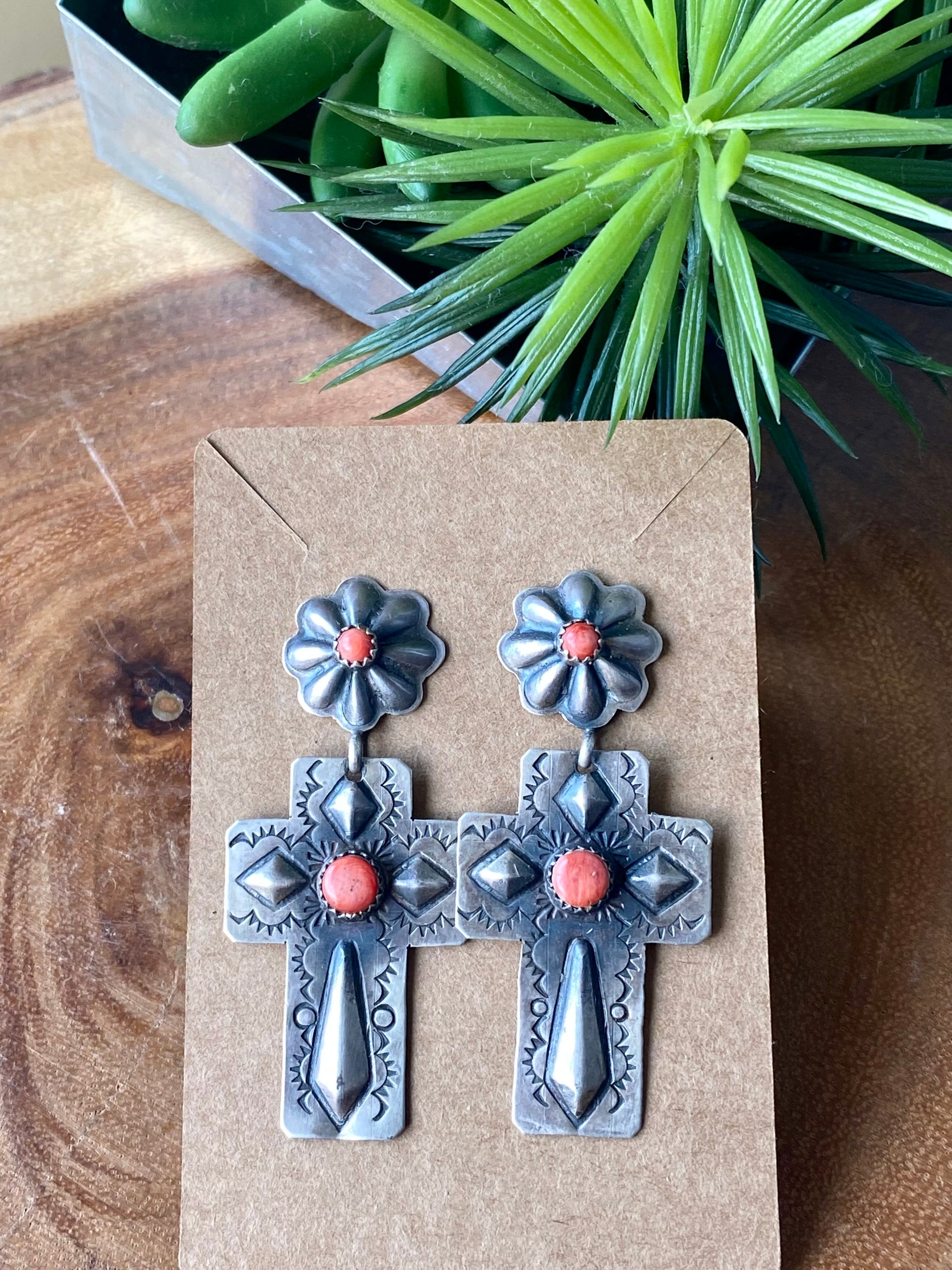 Navajo Coral & Sterling Silver Cross Post Dangle Earrings