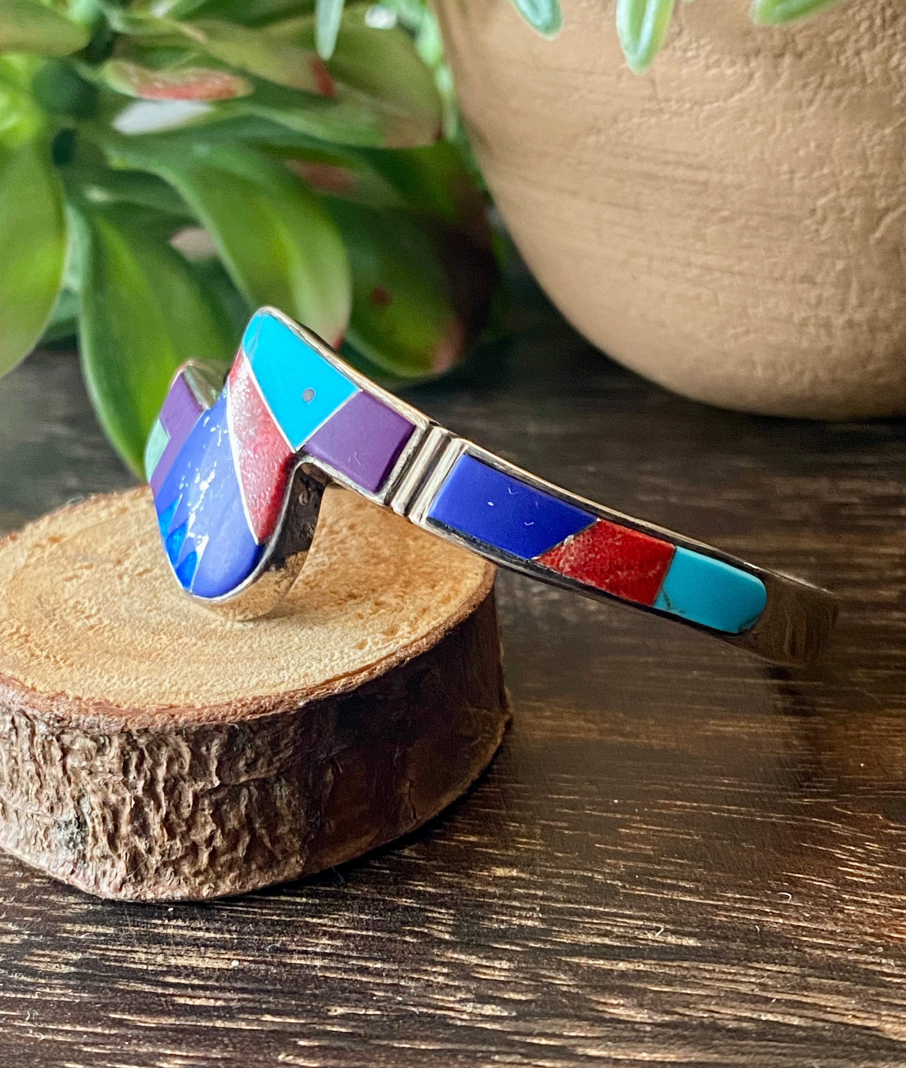 Navajo Made Multi Stone & Sterling Silver Inlay Cuff Bracelet