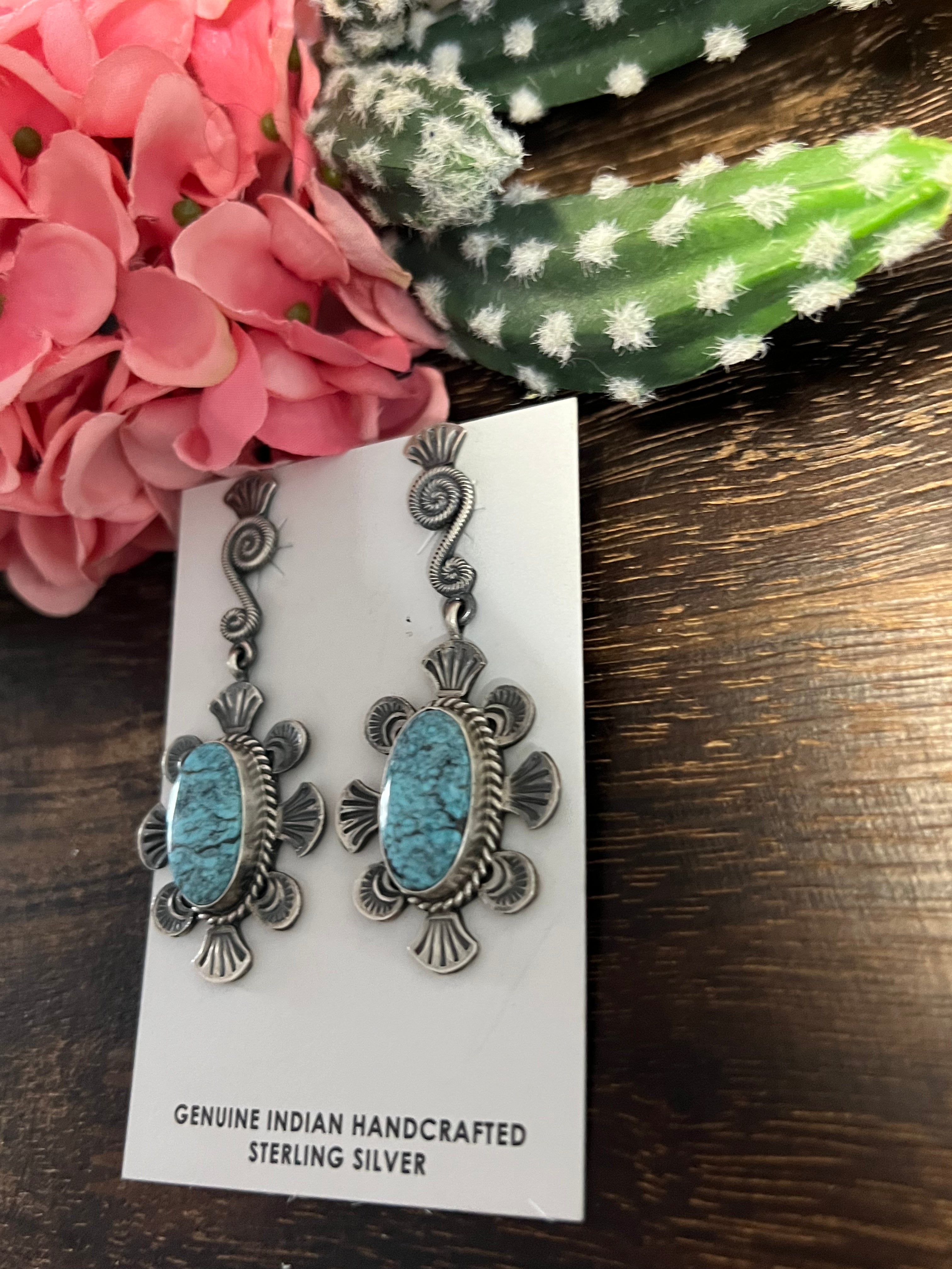 Martha Cayatineto Made Kingman Turquoise & Sterling Silver Post Dangle Earrings
