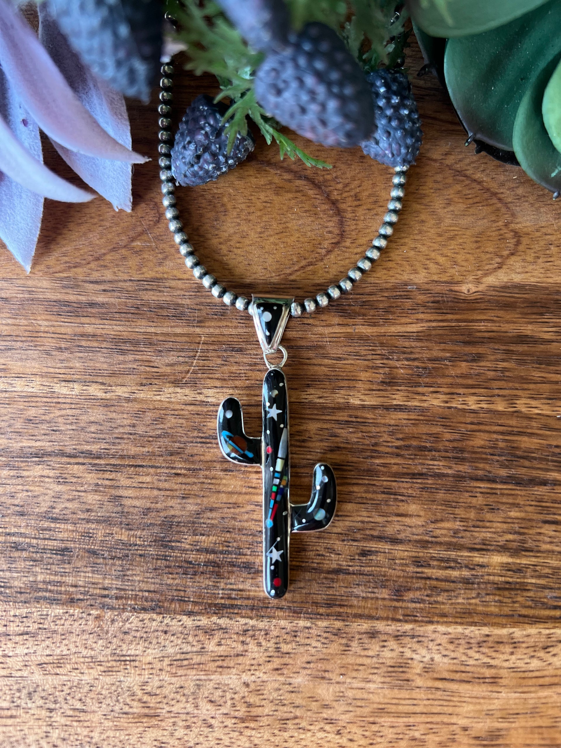 Southwest Handmade Mutli Stone & Sterling Silver Micro Inlay Saguaro Pendant