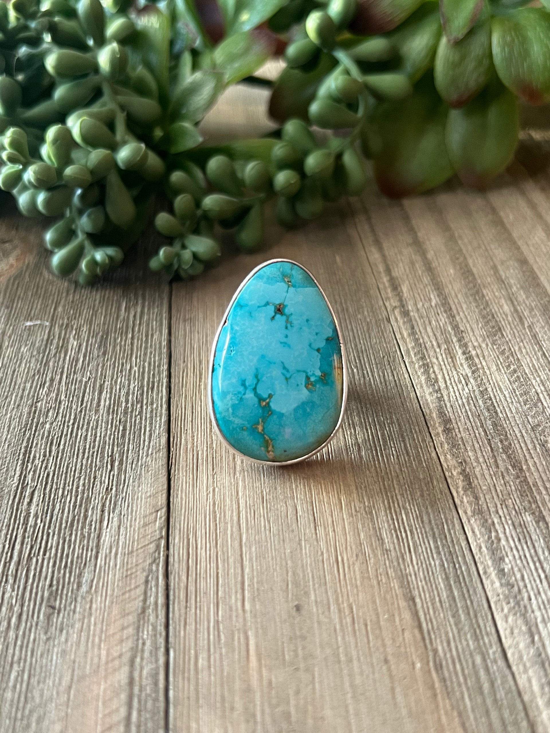 Navajo Made Sonoran Mountain Turquoise & Sterling Silver Ring Size 6.5