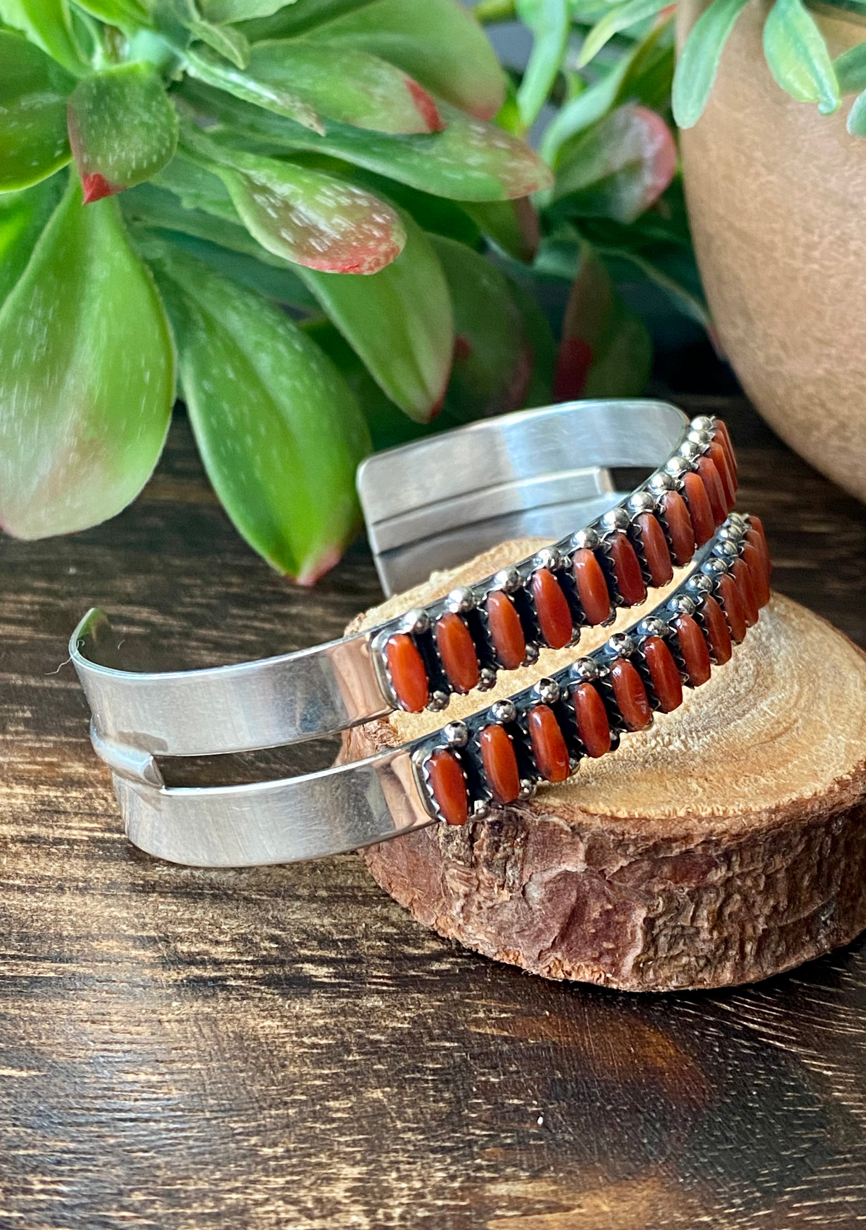 Zuni Made Coral & Sterling Silver Needlepoint Cuff Bracelet