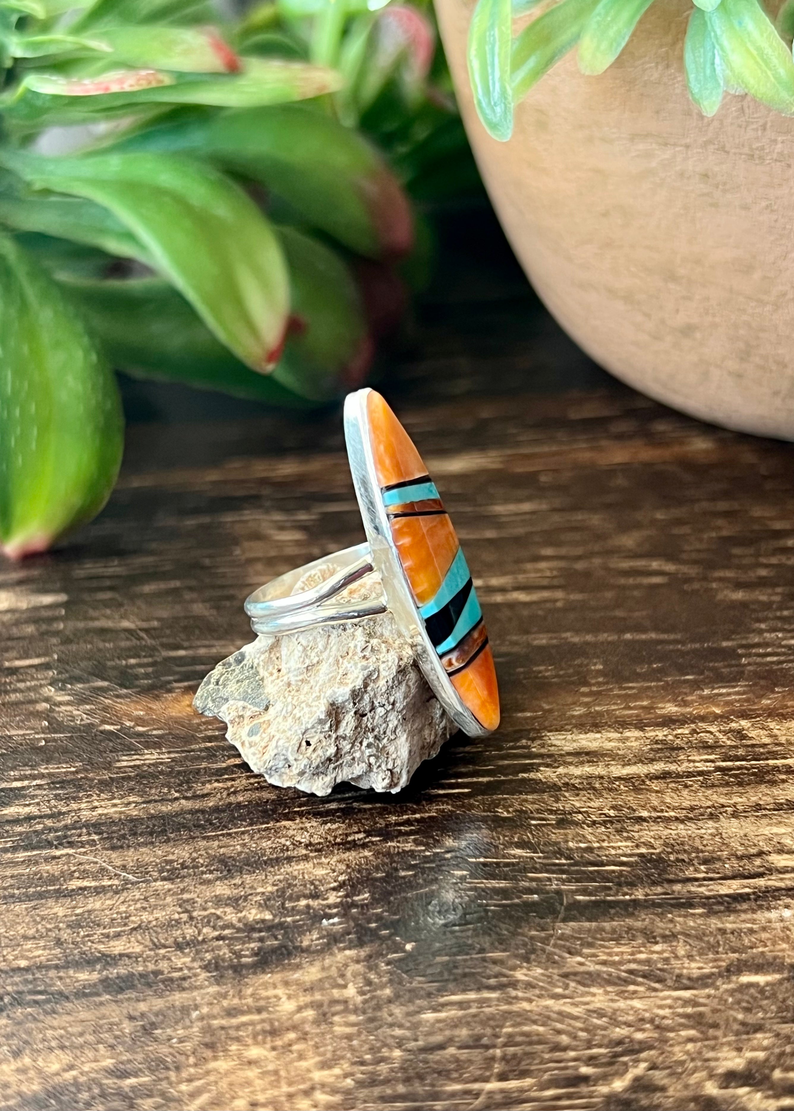 Navajo Made Multi Stone & Sterling Silver Inlay Ring Size 5.5