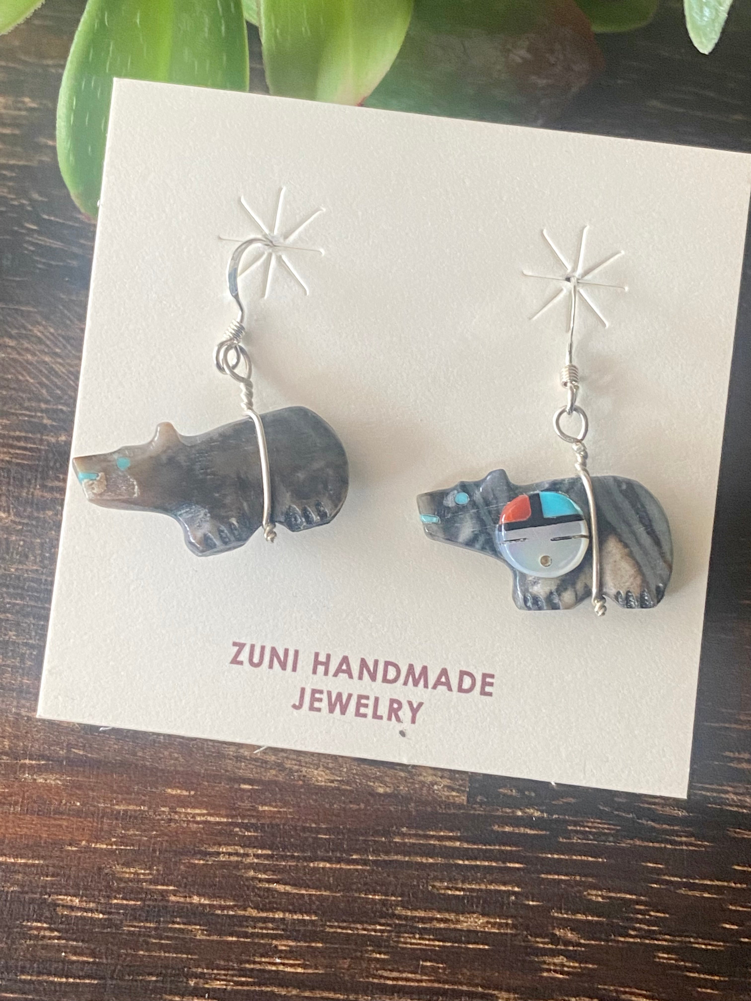 Zuni Made Multi Stone & Sterling Silver Sunface Bear Dangle Earrings