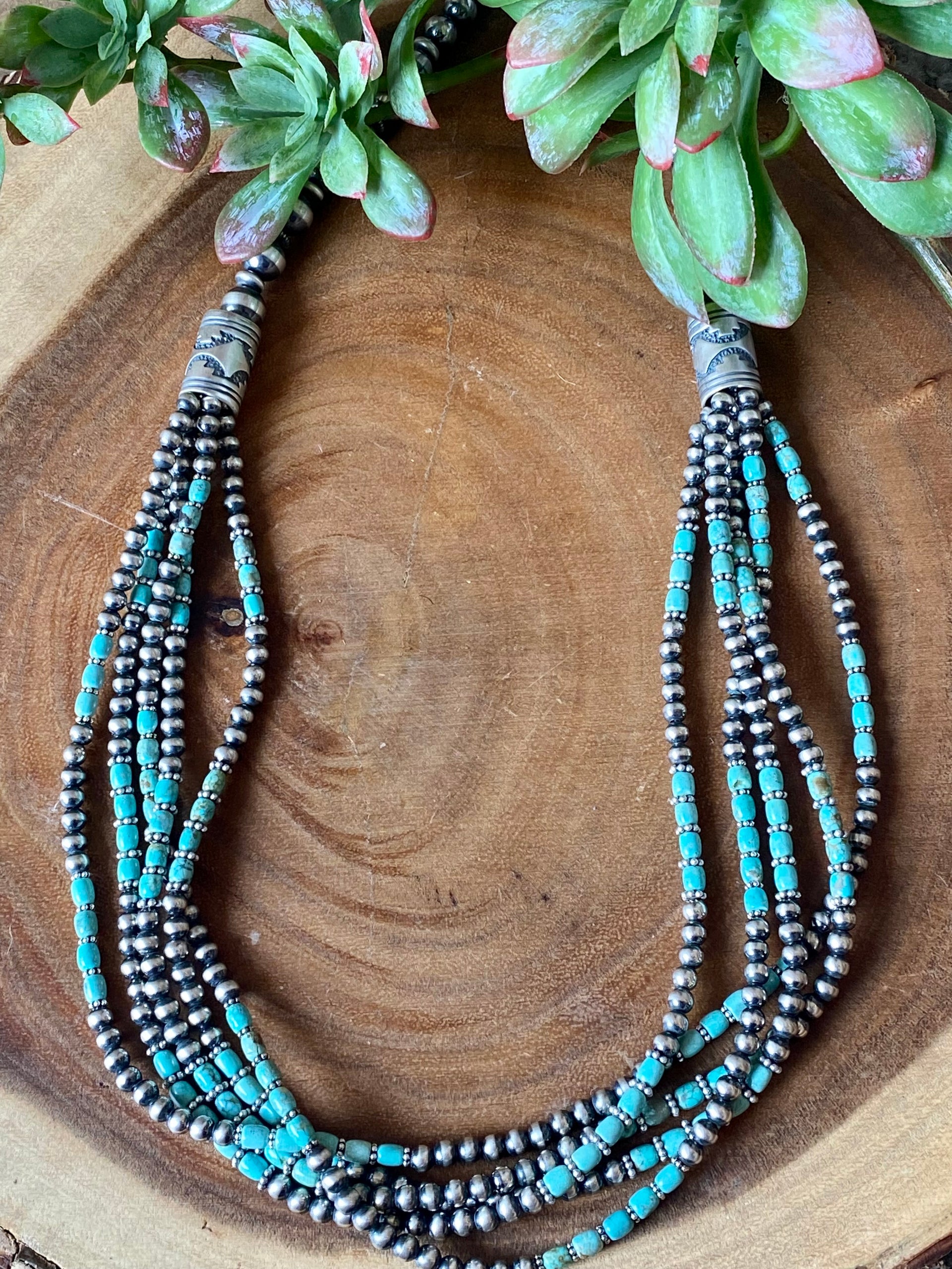 Navajo Made #8 Turquoise & Sterling Silver Multi Strand Pearl Necklace