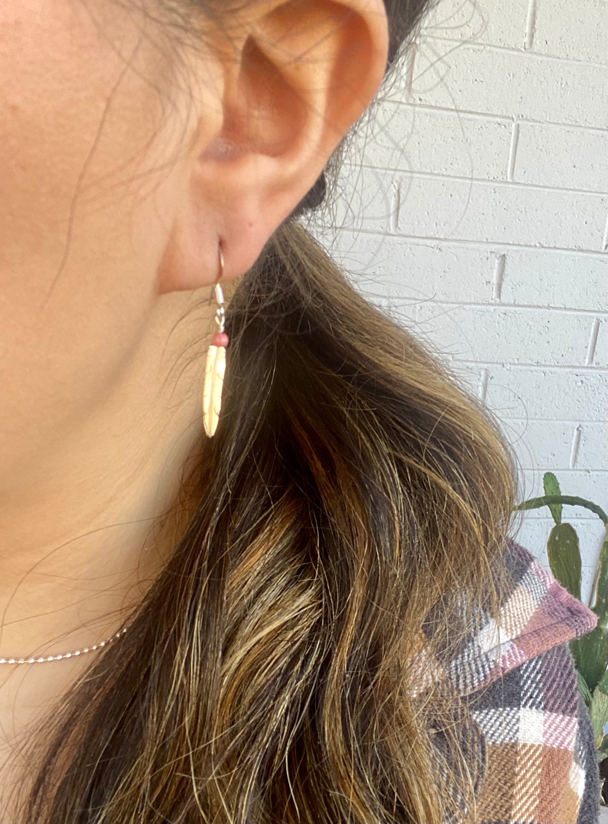 Navajo Made Pink Coral & Sterling Silver Feather Dangle Earrings