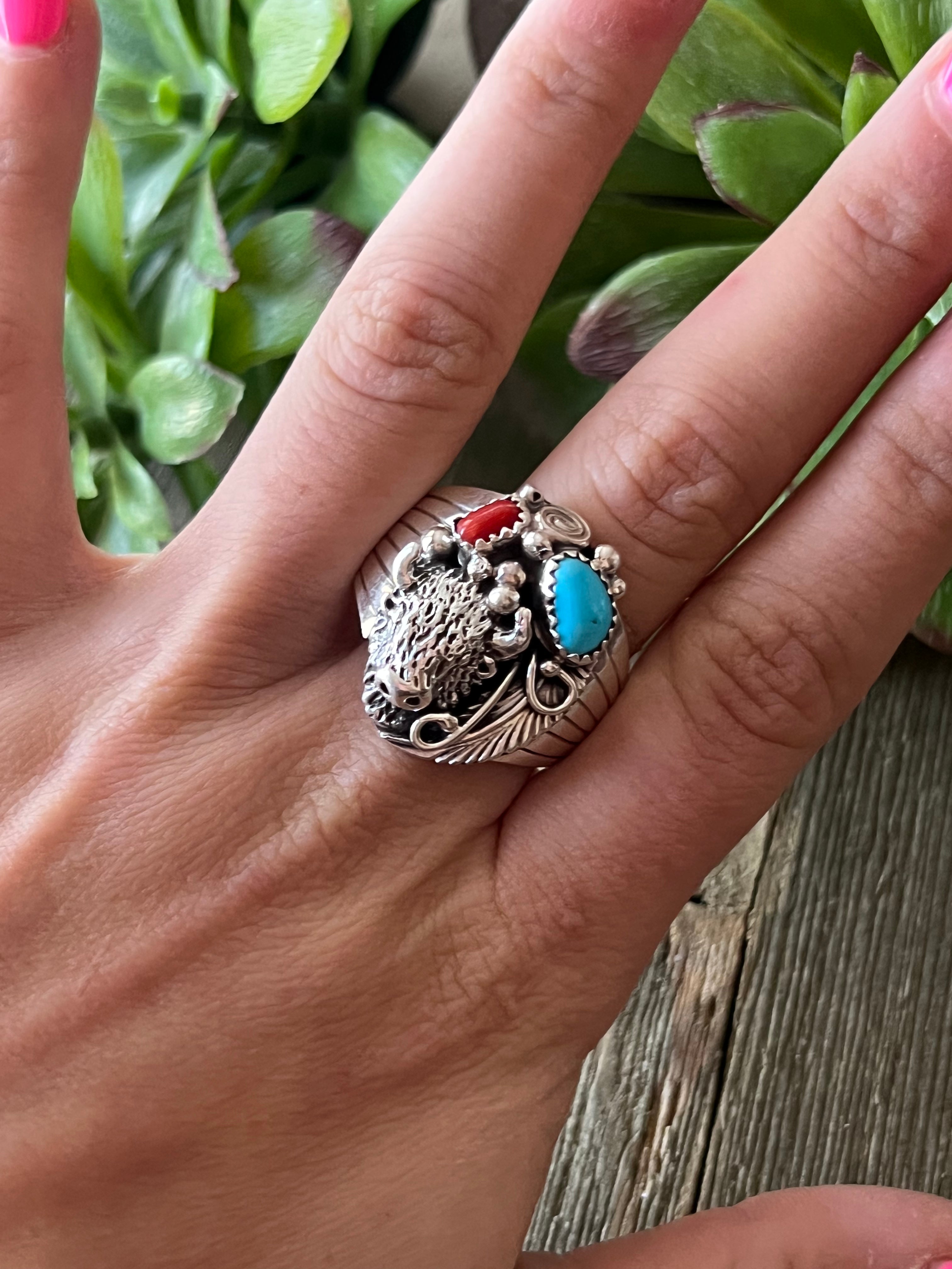 Navajo Made Multi Stone & Sterling Silver Ring Size 13.5