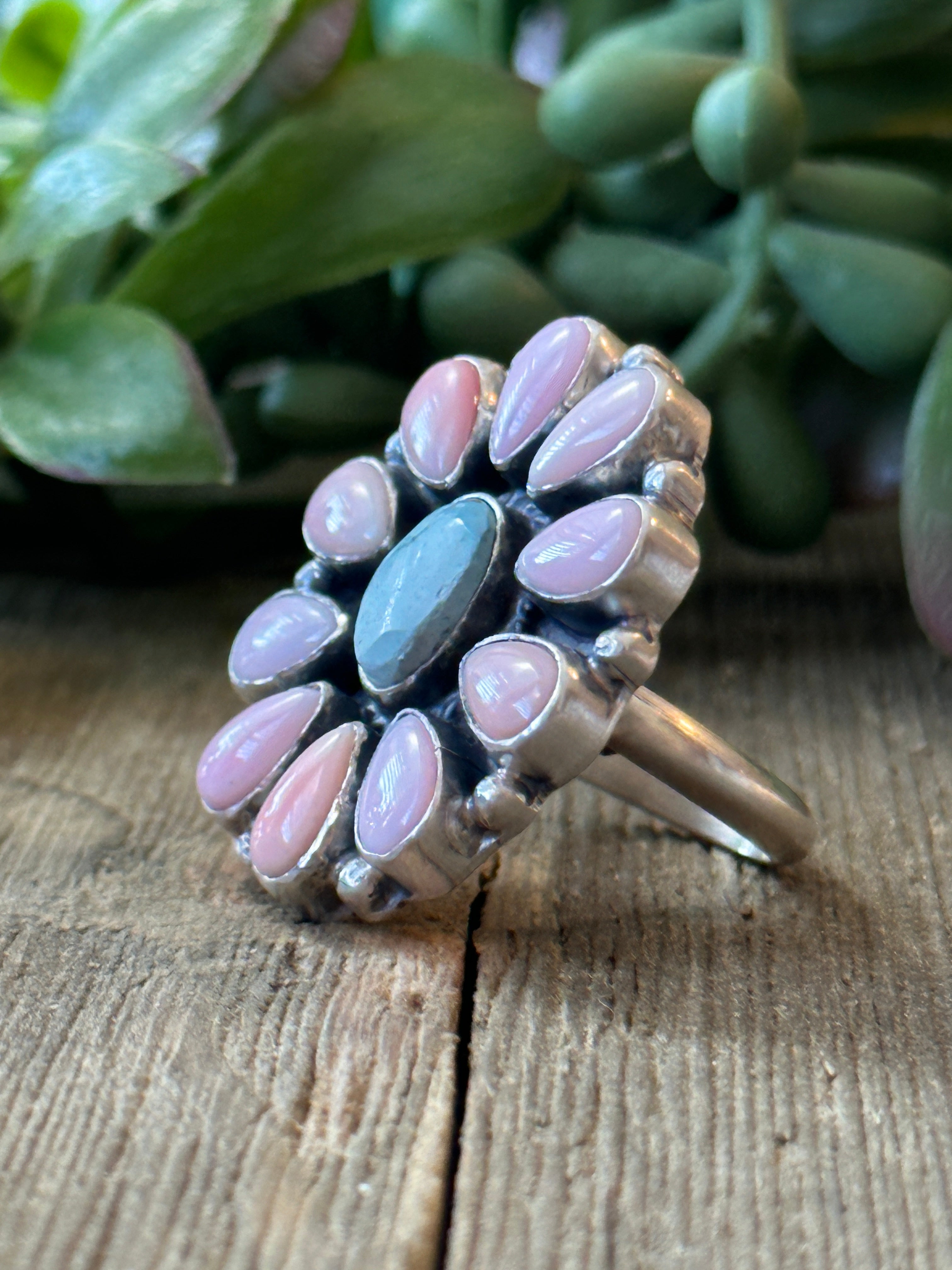 Navajo Made Golden Hill & Pink Conch & Sterling Silver Adjustable Cluster Ring