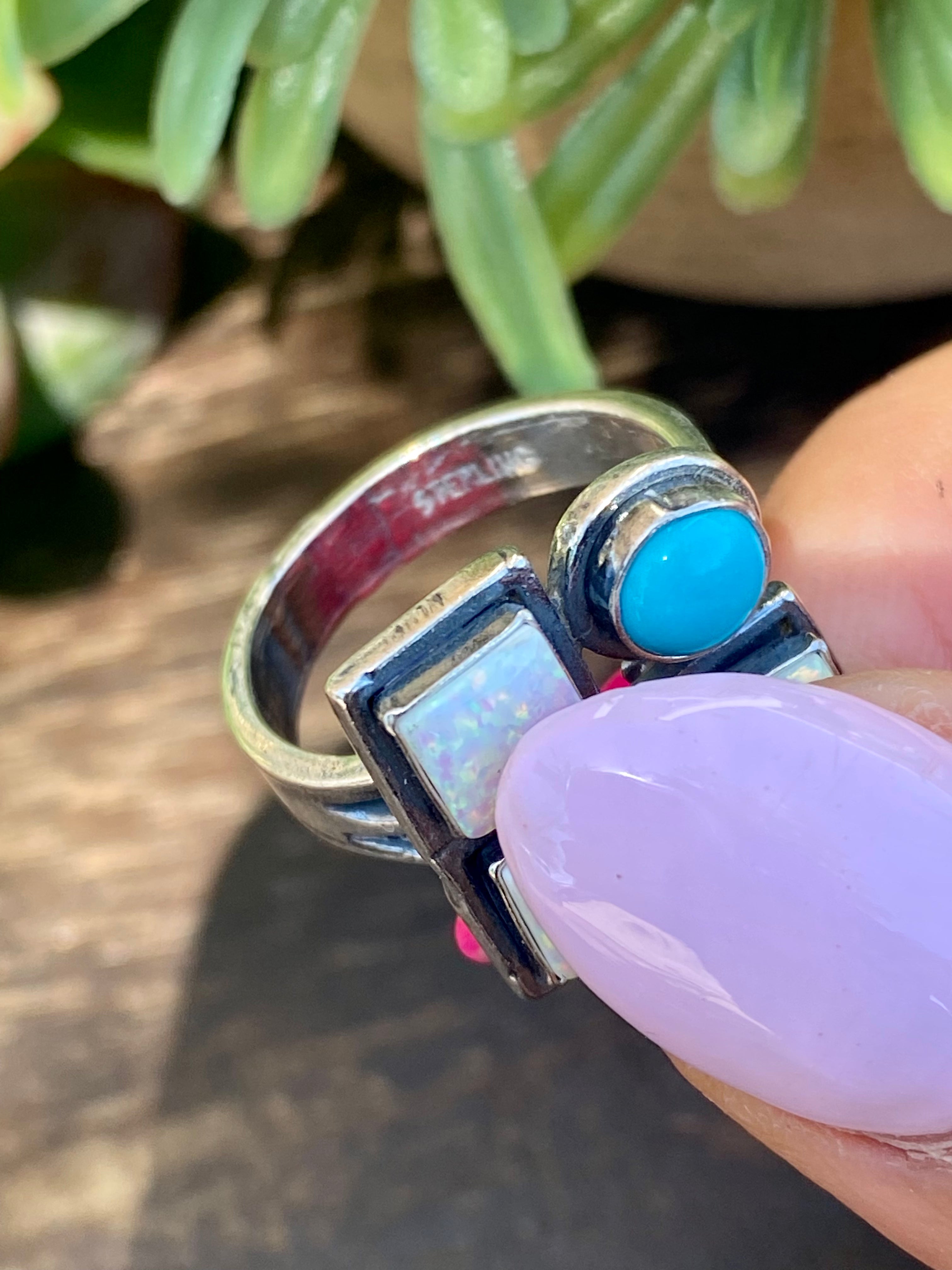 Navajo Made Kingman Turquoise & Opal Sterling Silver Ring Size 5