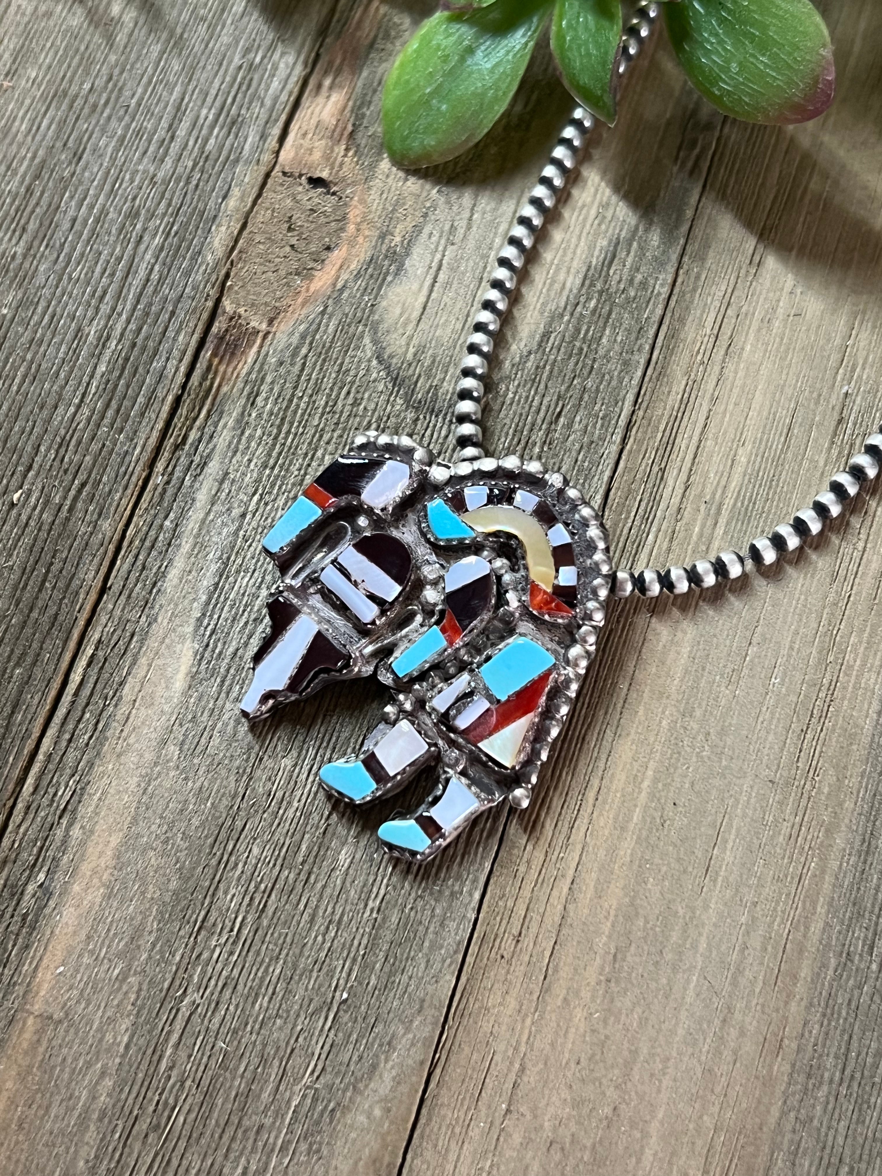 Vintage Zuni Made Multi Stone & Sterling Silver Inlay Pendant