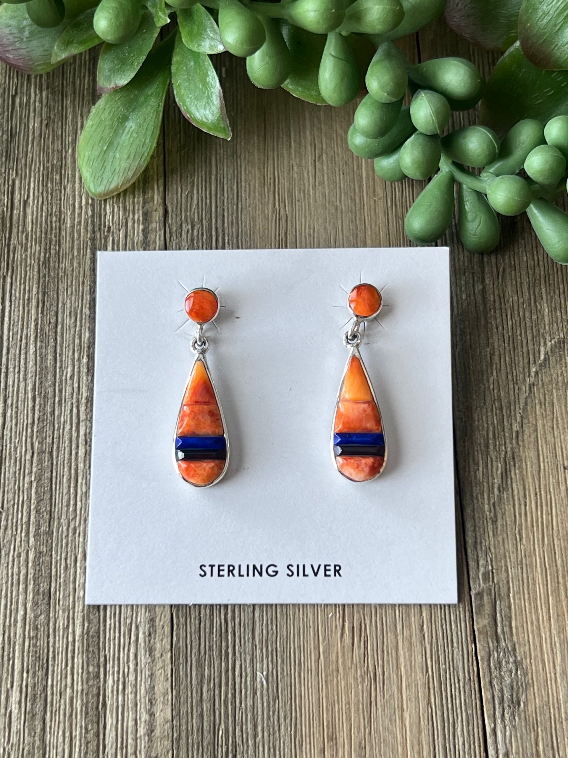 Rick Toline Multi Stone & Sterling Silver Post Dangle Inlay Earrings