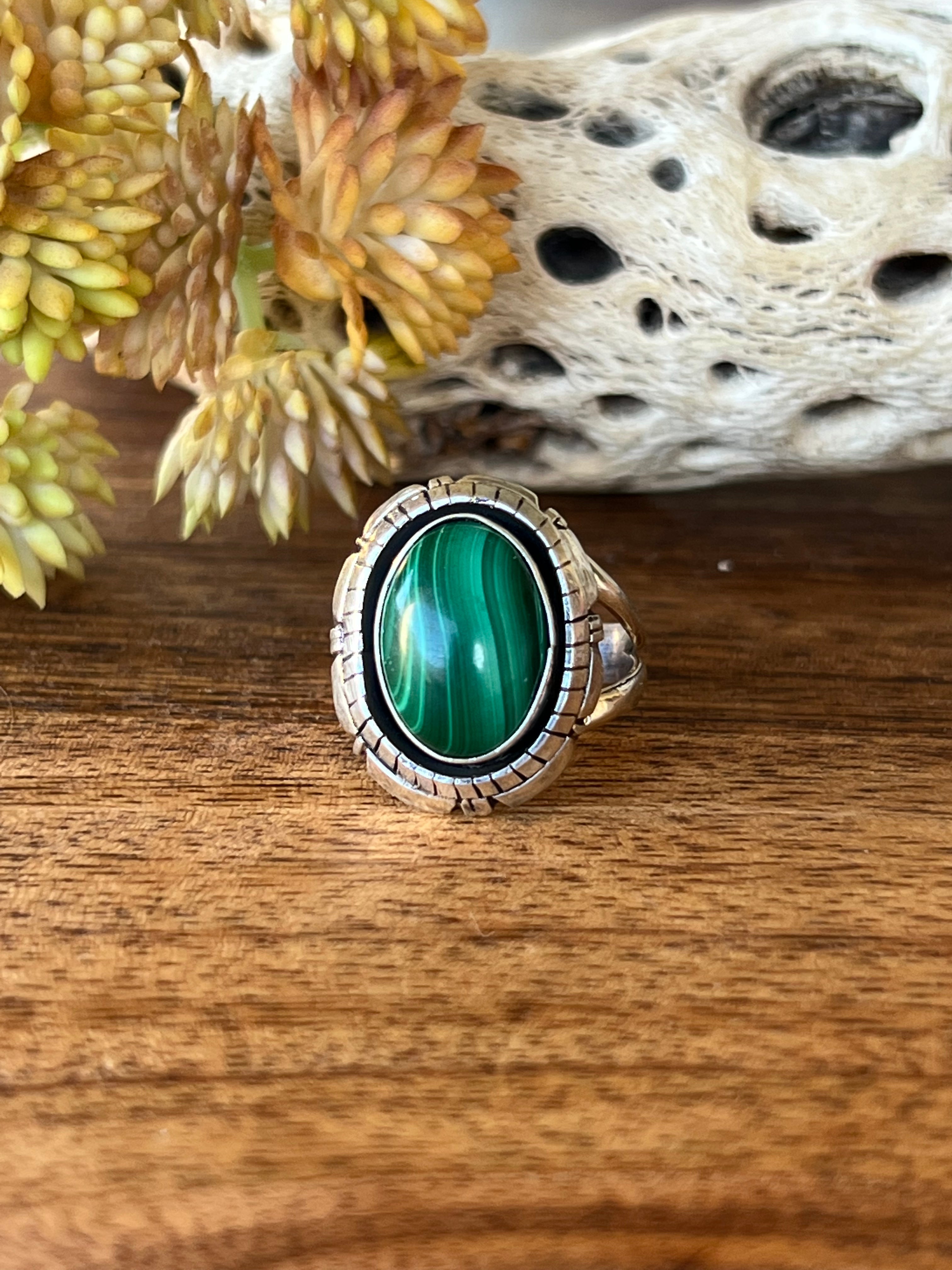 Navajo Made Malachite & Sterling Silver Ring Size 7.5