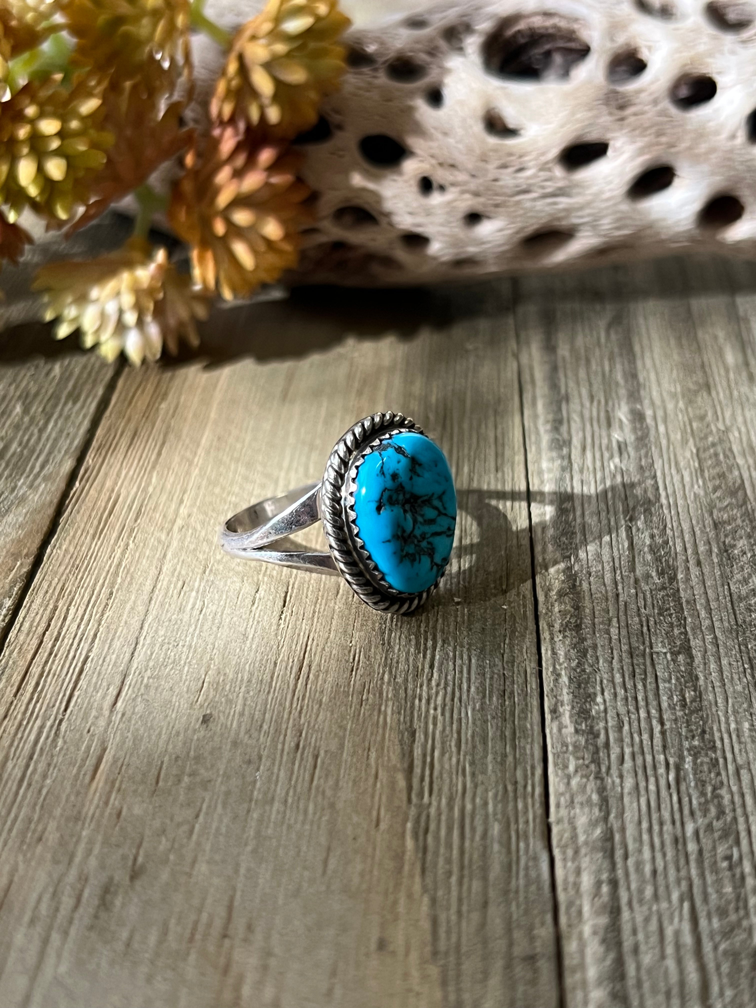 Navajo Made Kingman Turquoise & Sterling Silver Ring Size 8.25