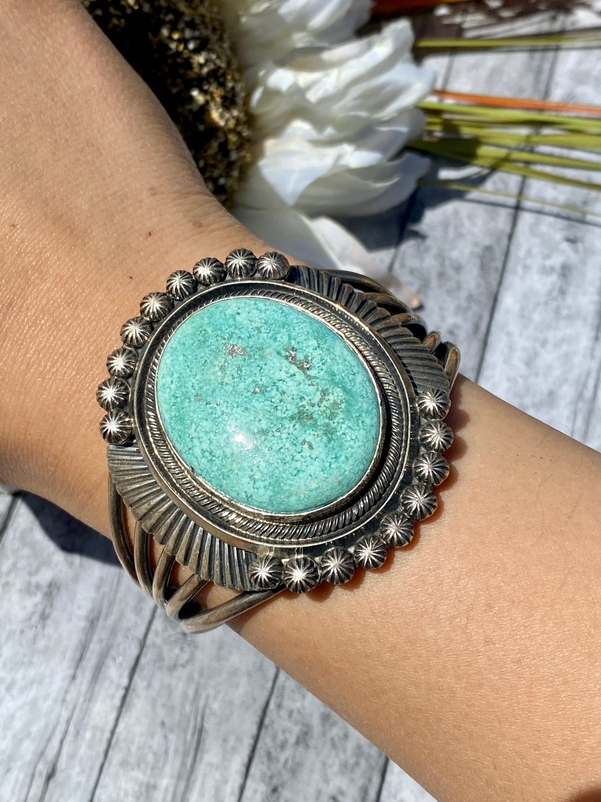 Leon M.T.Z. Navajo Made Carico Lake Turquoise & Sterling Silver Cuff Bracelet