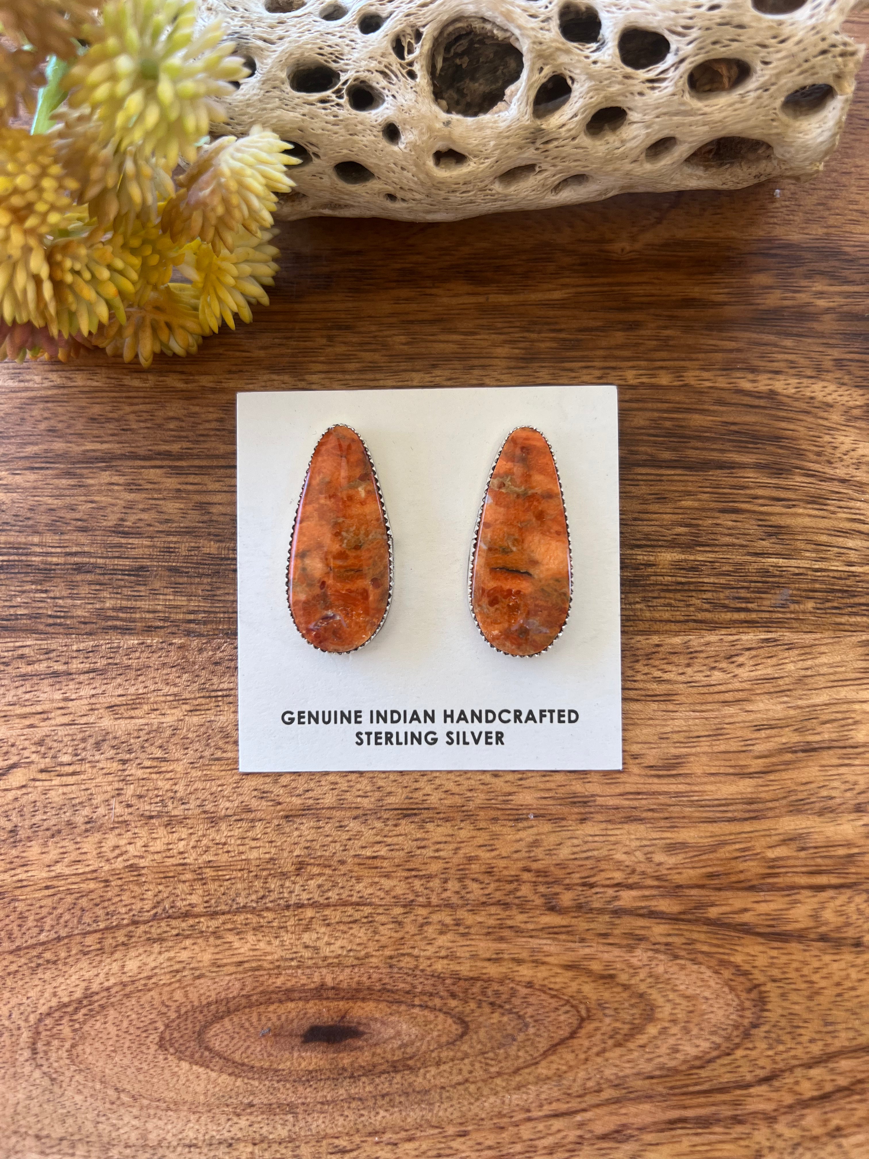 Navajo Made Apple Coral & Sterling Silver Post Earrings