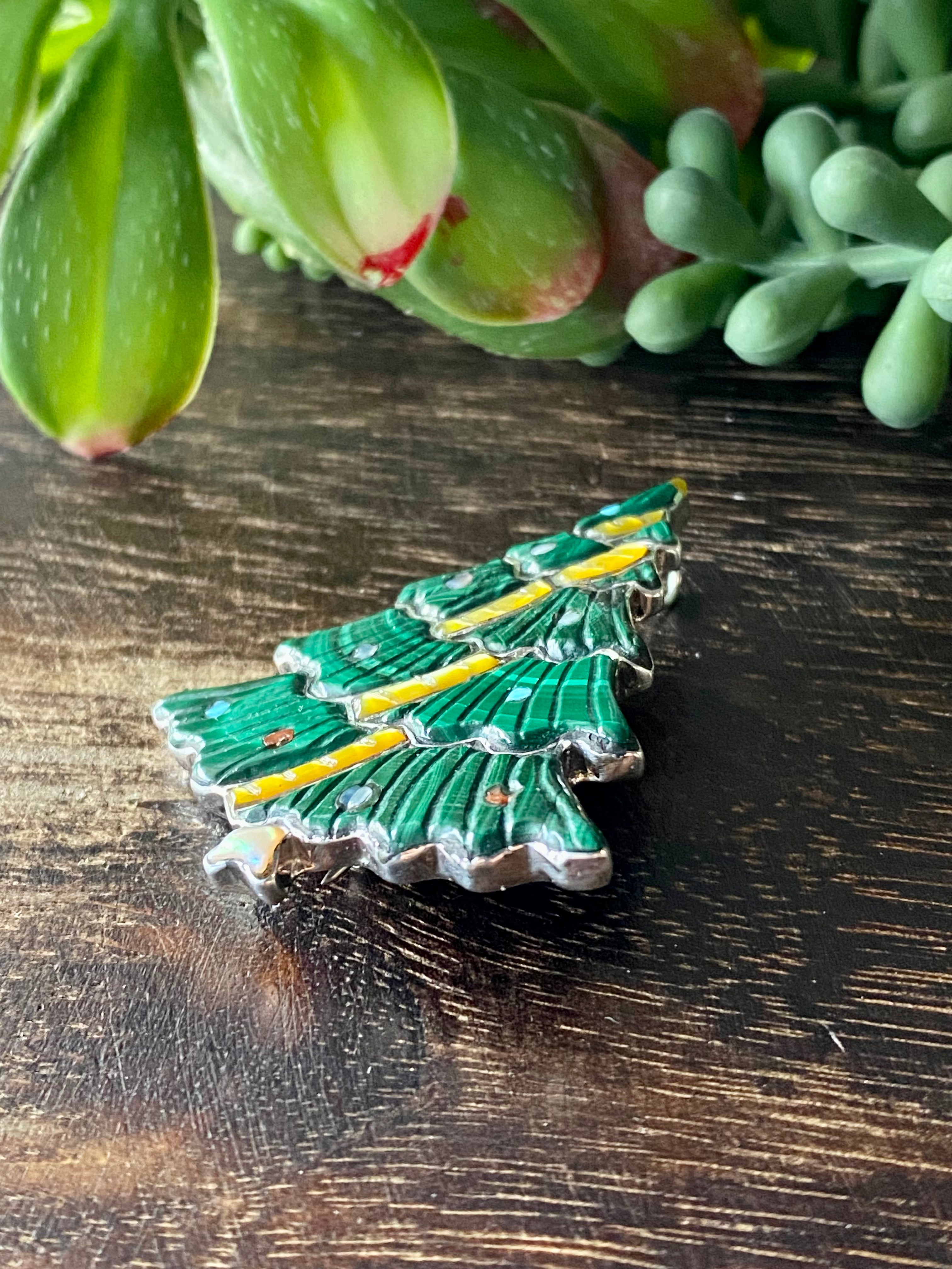 Navajo Made Multi Stone & Sterling Silver Inlay Christmas Tree Pin/Pendant