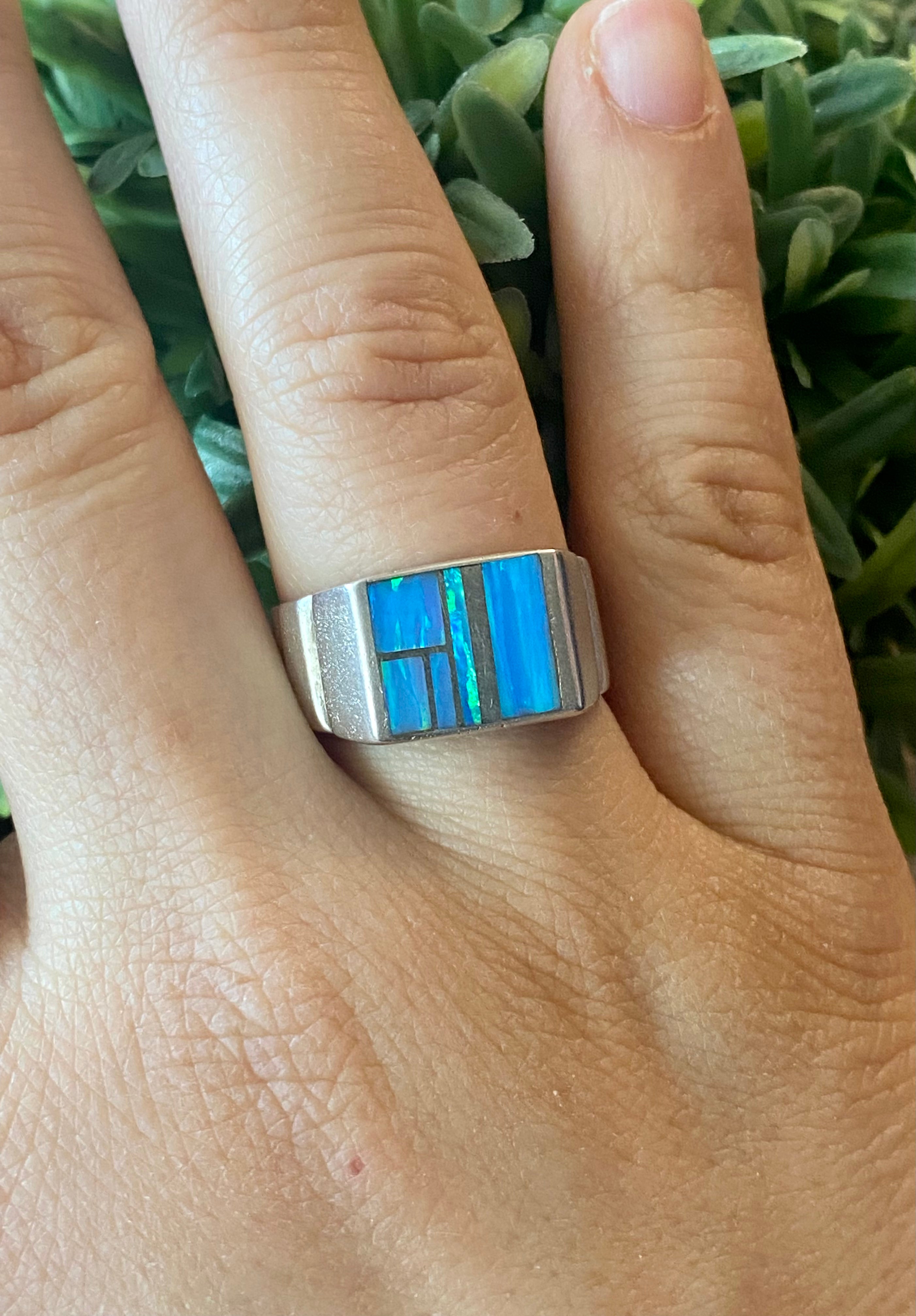 Navajo Made Blue Opal & Sterling Silver Inlay Ring Size 9.5