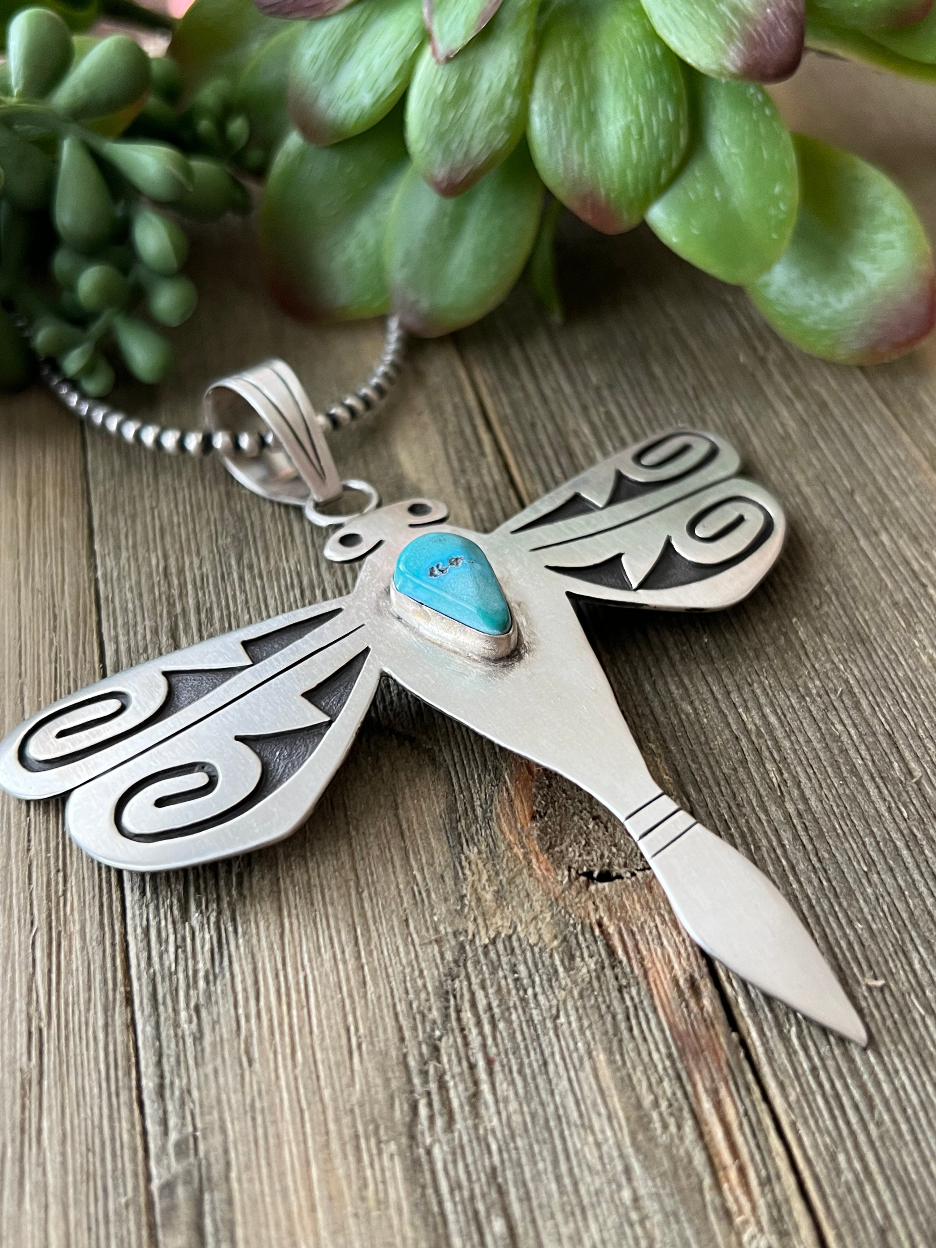 Navajo Made Kingman Turquoise & Sterling Silver Dragonfly Pendant