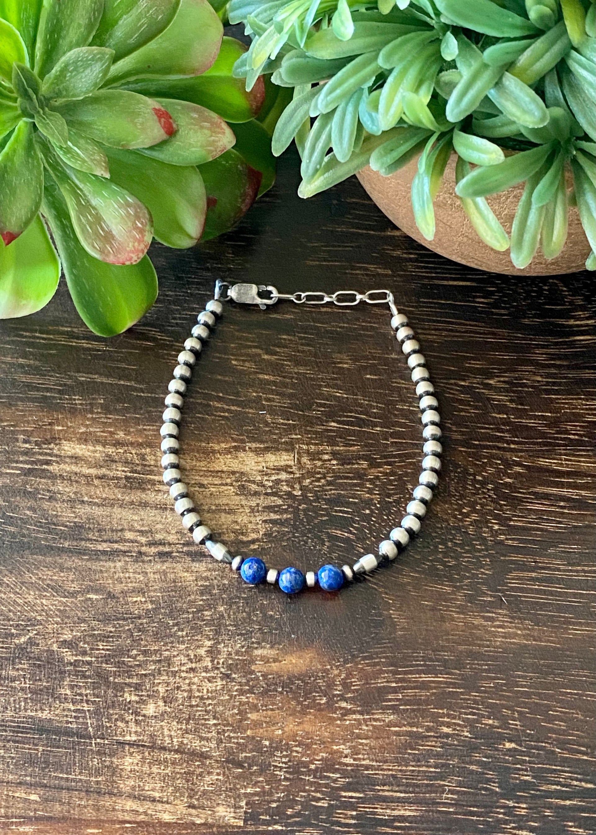 Navajo Made Lapis & Sterling Silver Pearl Bracelet