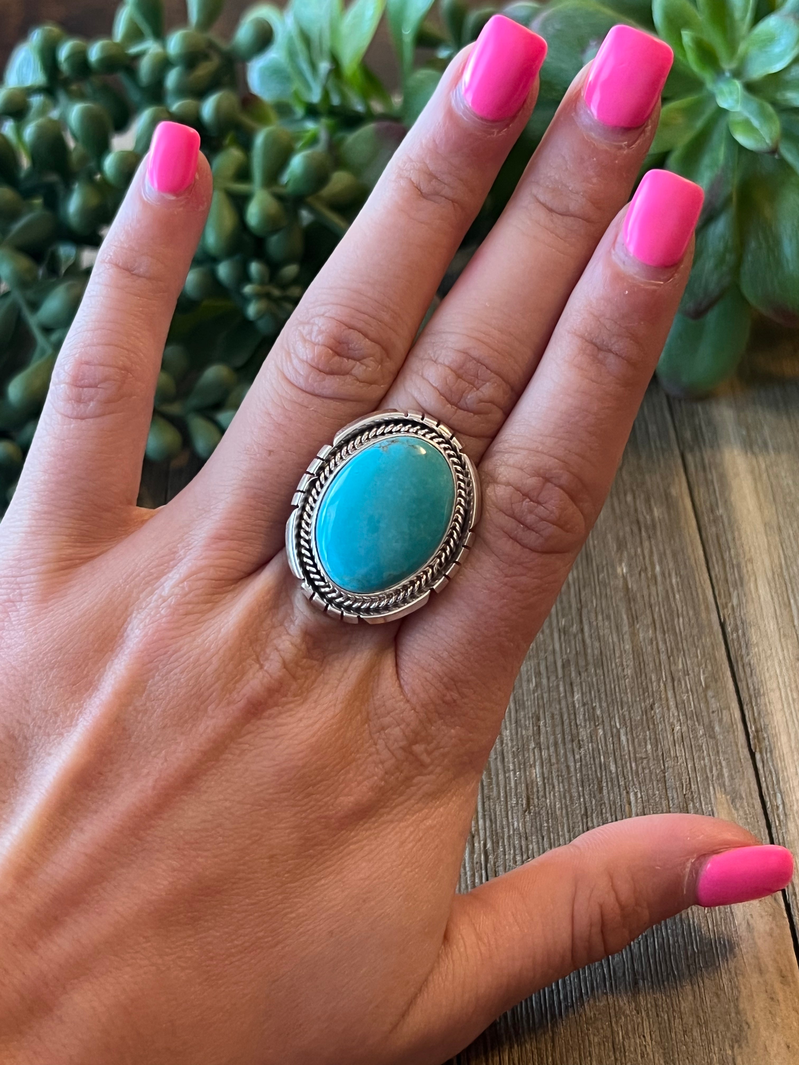 Navajo Made Kingman Turquoise & Sterling Silver Ring Size 6