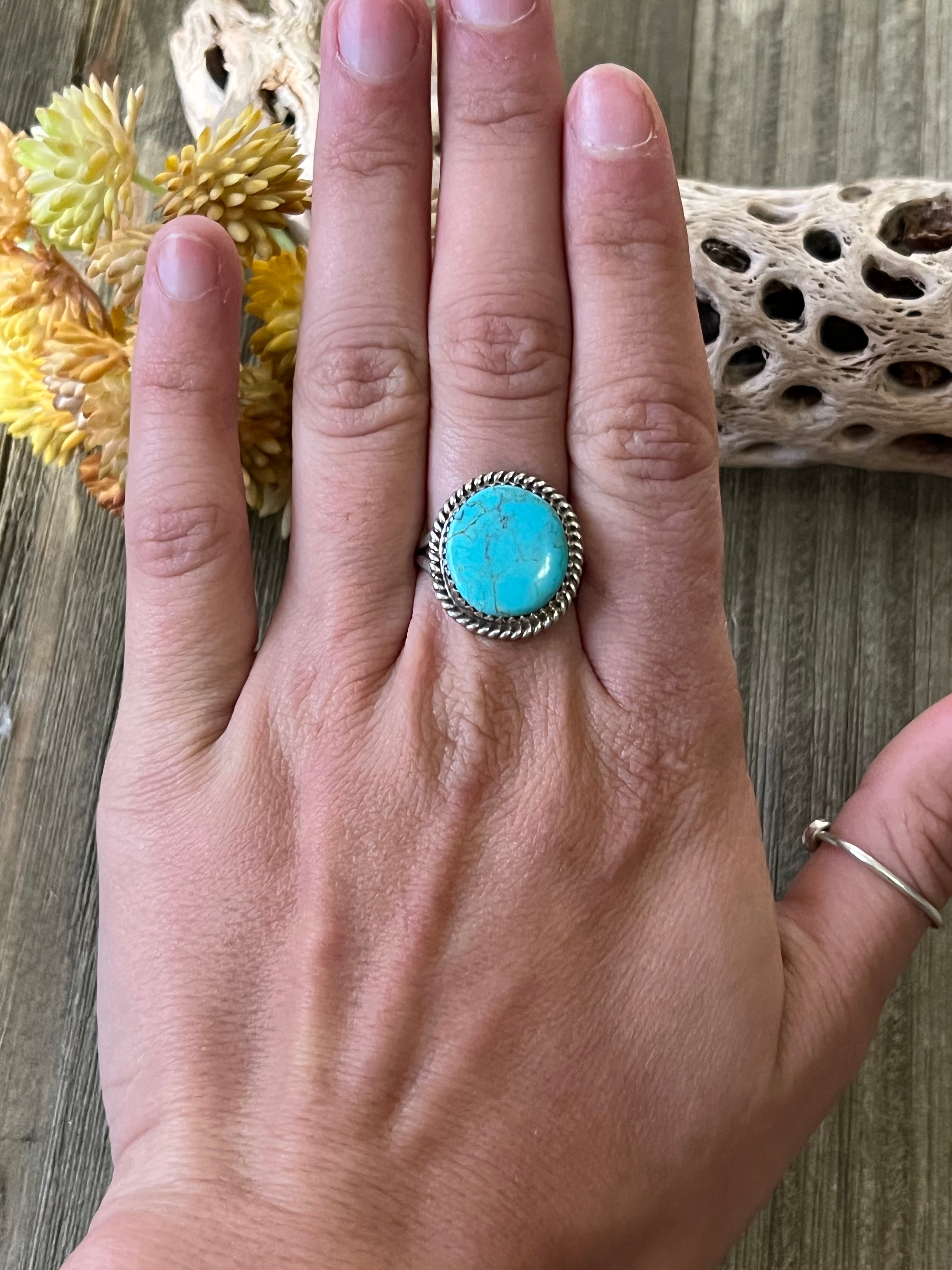 Navajo Made Kingman Turquoise & Sterling Silver Ring Size 8.5