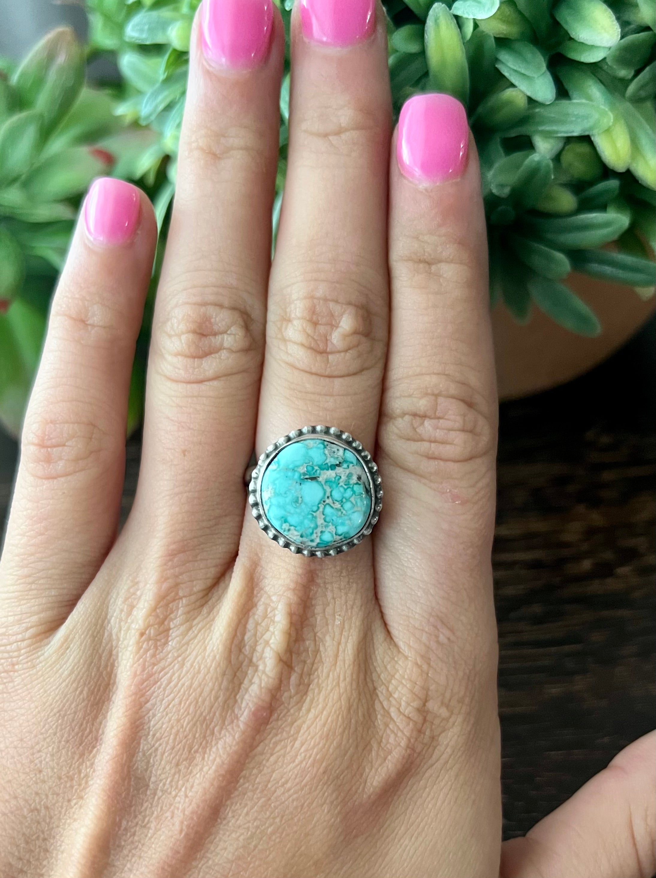 Navajo Made White Water Turquoise & Sterling Silver Ring Size 6