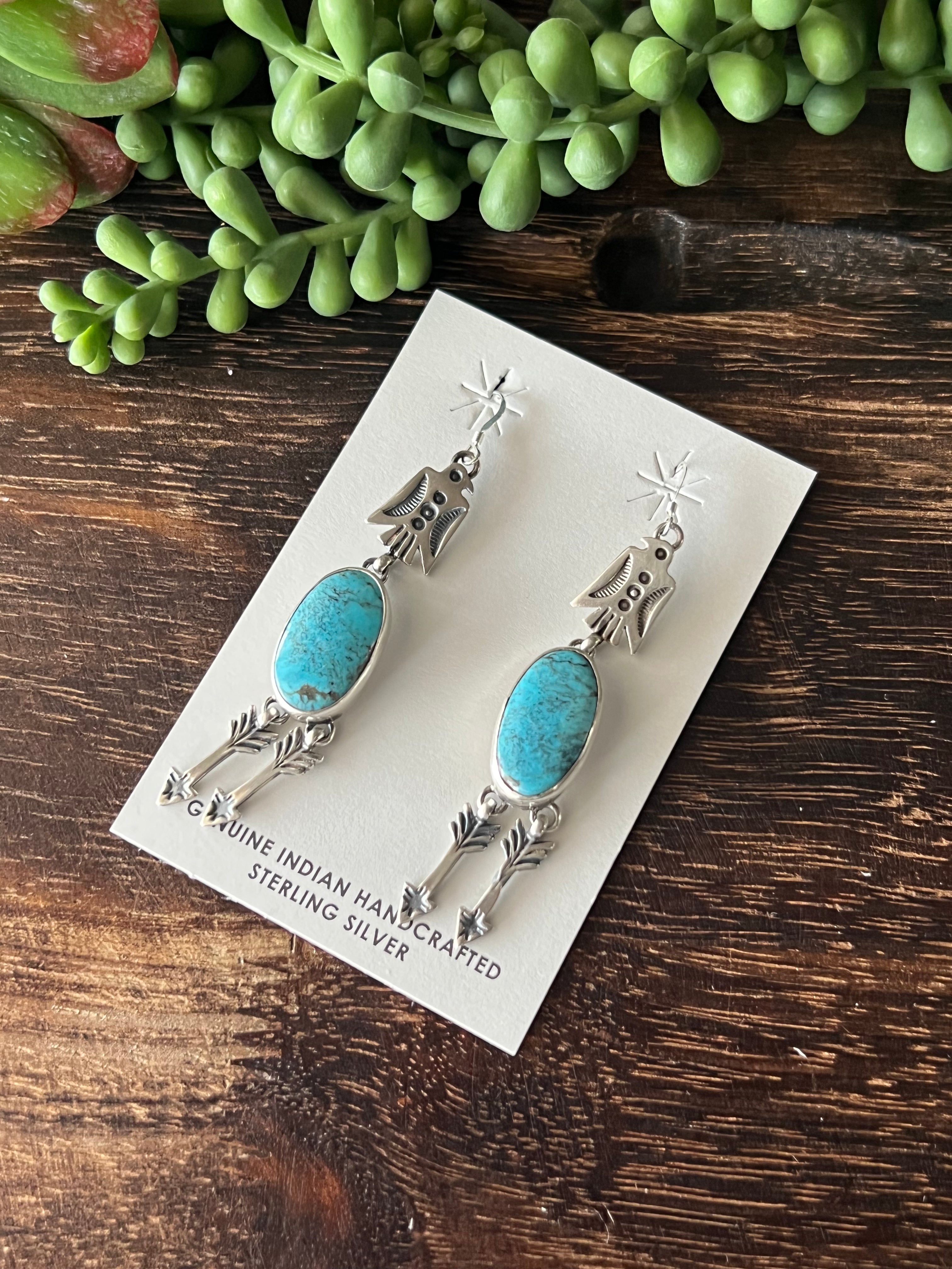 John Begay Kingman Turquoise & Sterling Silver Dangle Thunderbird Earrings