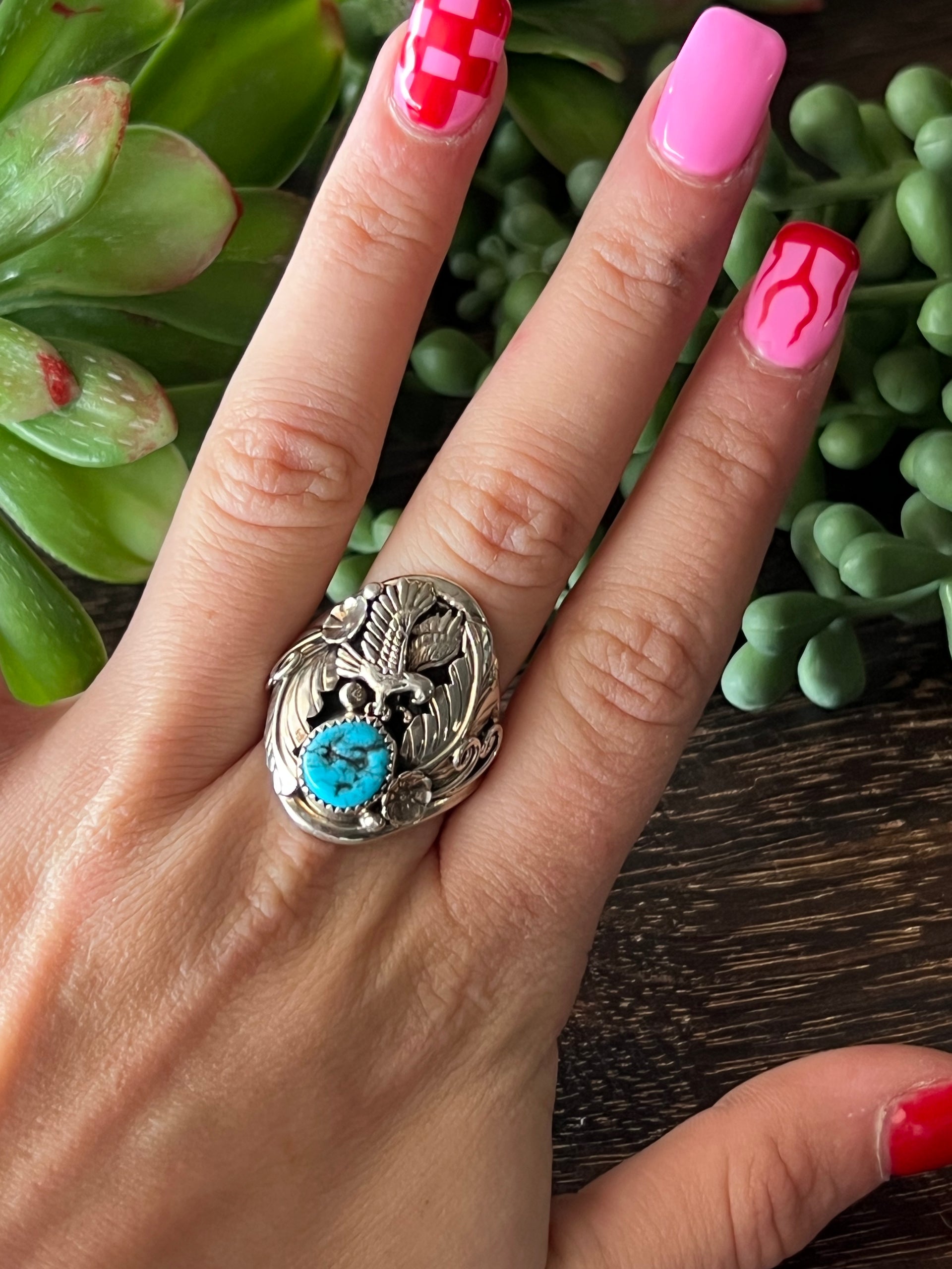 Tricia Leekety Kingman Turquoise & Sterling Silver Ring Size 11.75